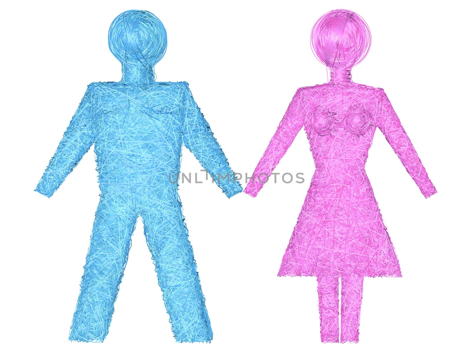 Male and female shapes composed of blue and pink stripes isolated on white background. High resolution 3D 
image