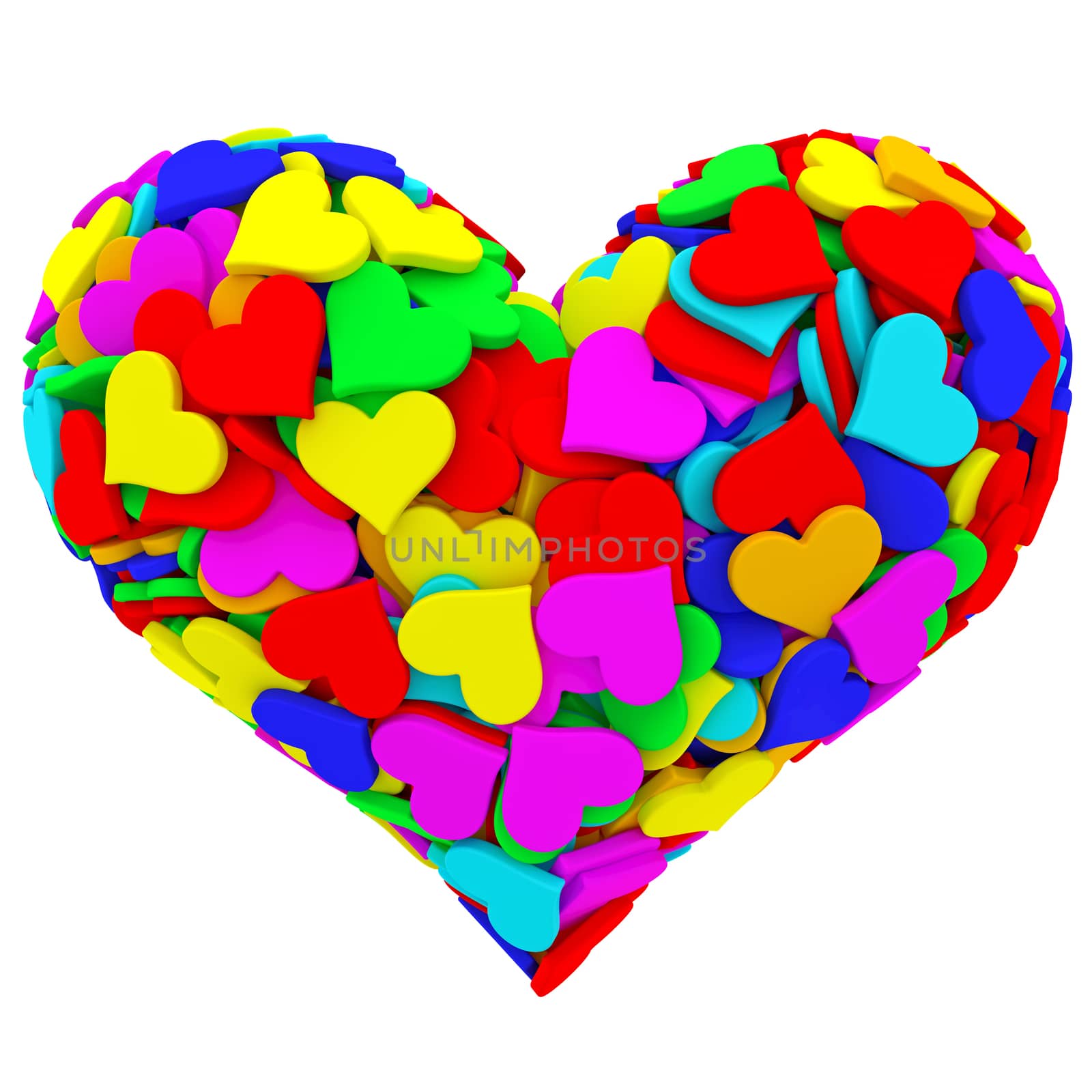 Heart shape composed of many colorful hearts isolated on white. High resolution 3D image