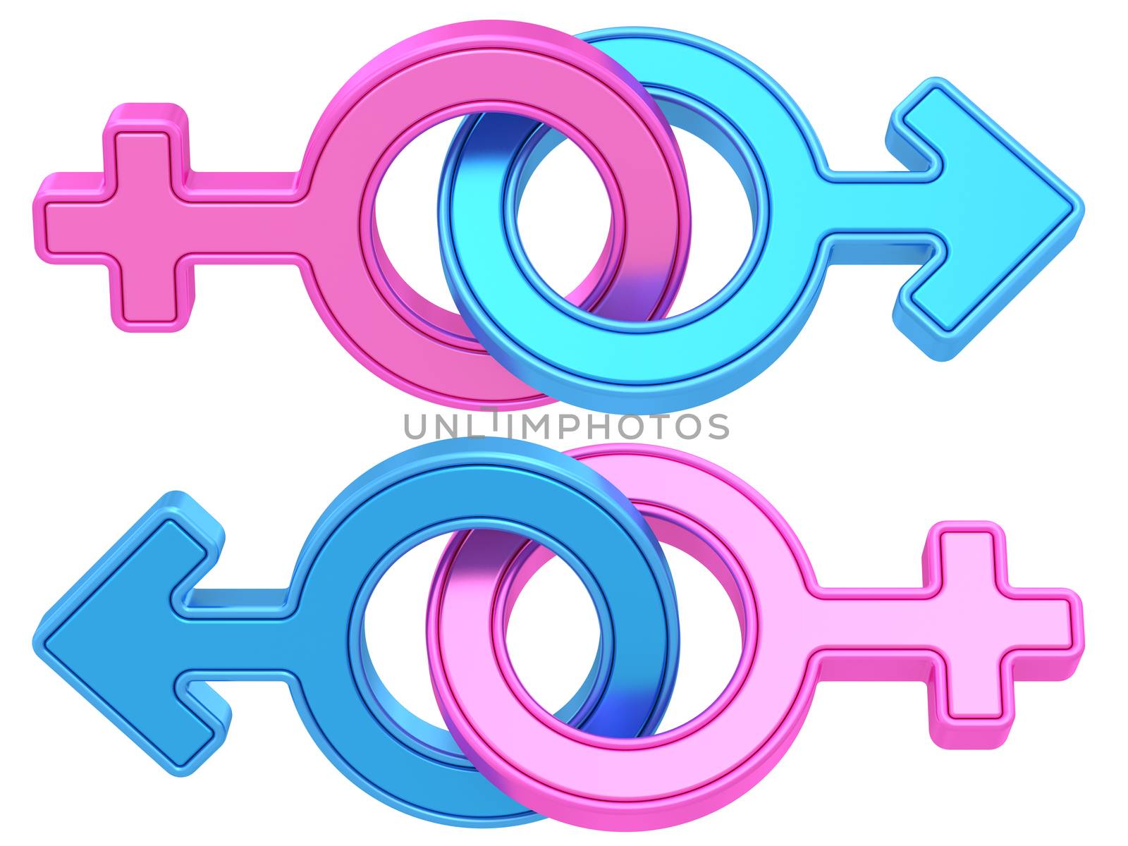 Set of male and female gender symbols chained together on white background. High resolution 3D image