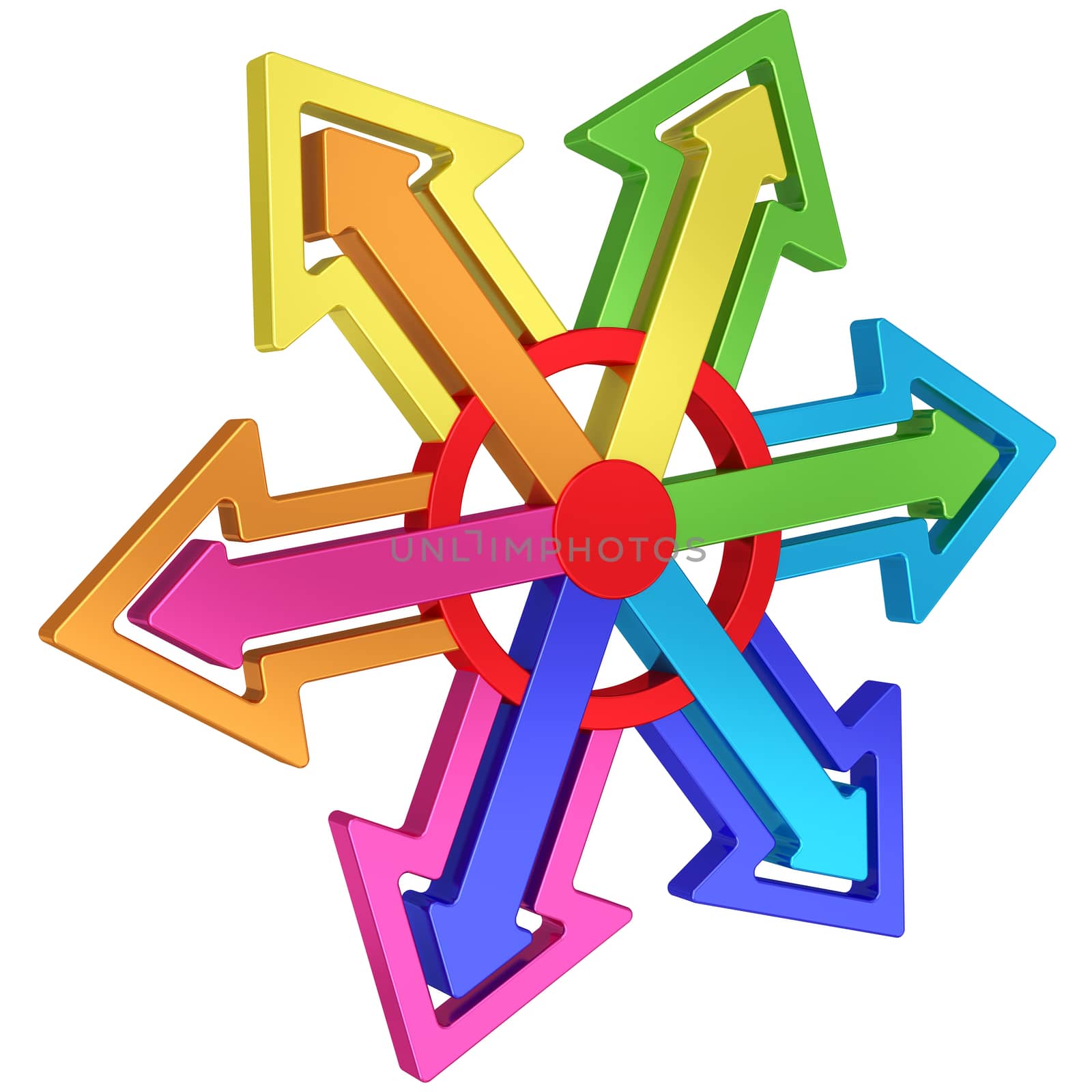 Colorful arrows of different directions with red center on white background. High resolution 3D image