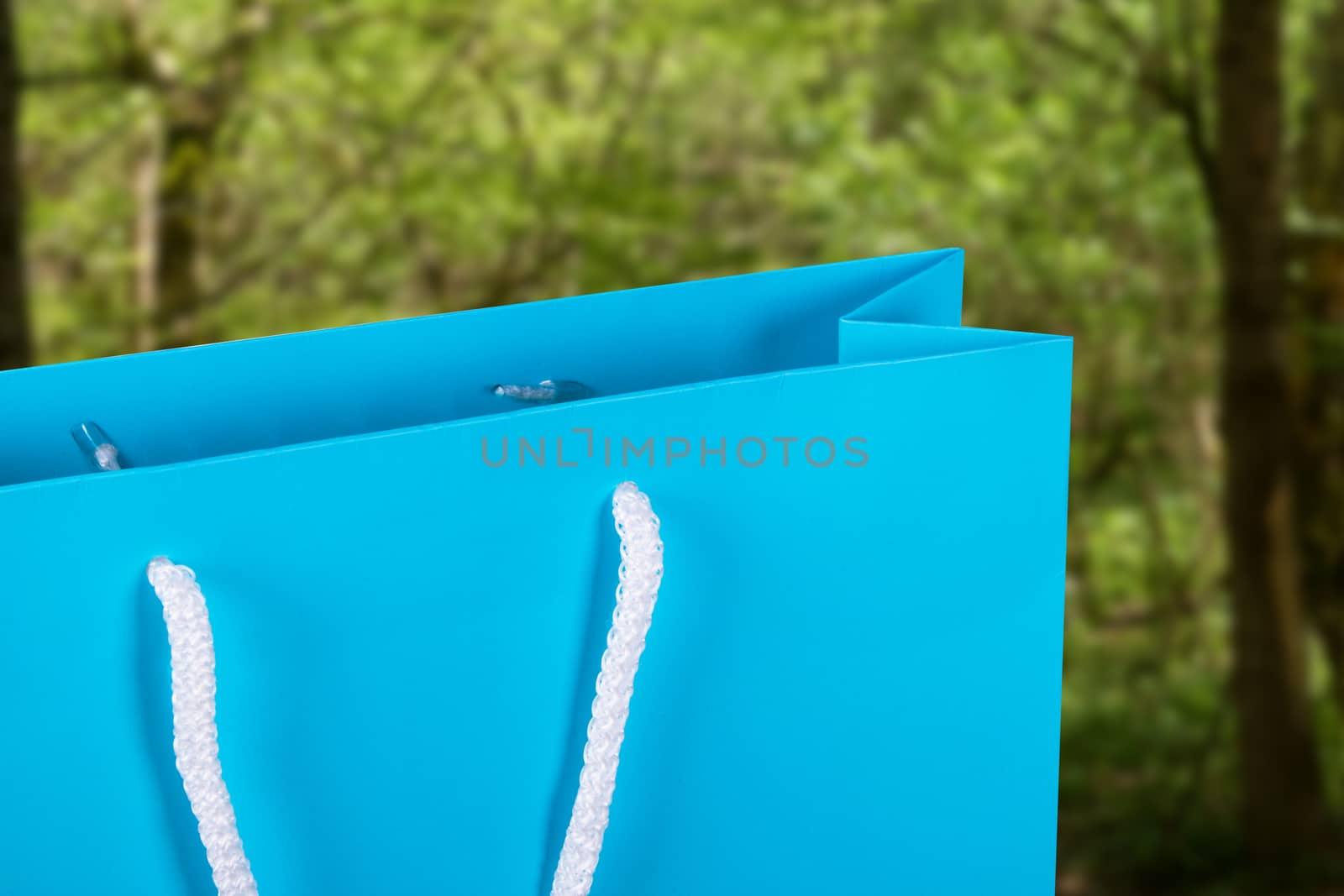 Close up view of blue carton shopping bag with natural background.