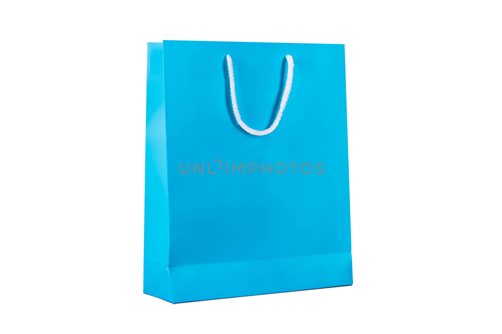 Blue cardboard shopping bag, isolated on white background.