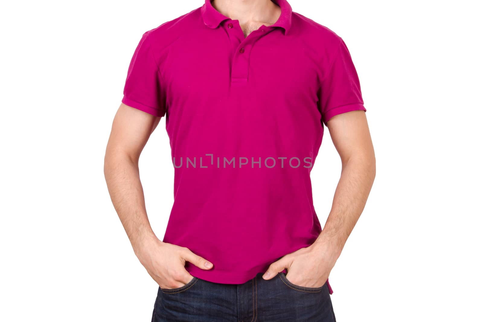 Red tshirt template on young man for your design, front view, isolated on white background.