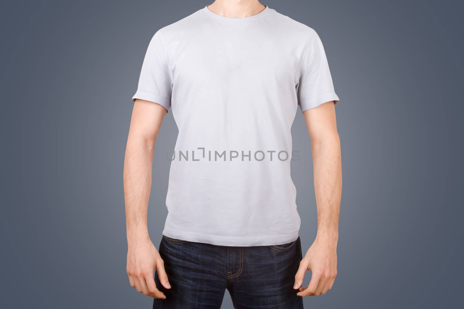 White tshirt template on young man for your design, front view, isolated on white background.