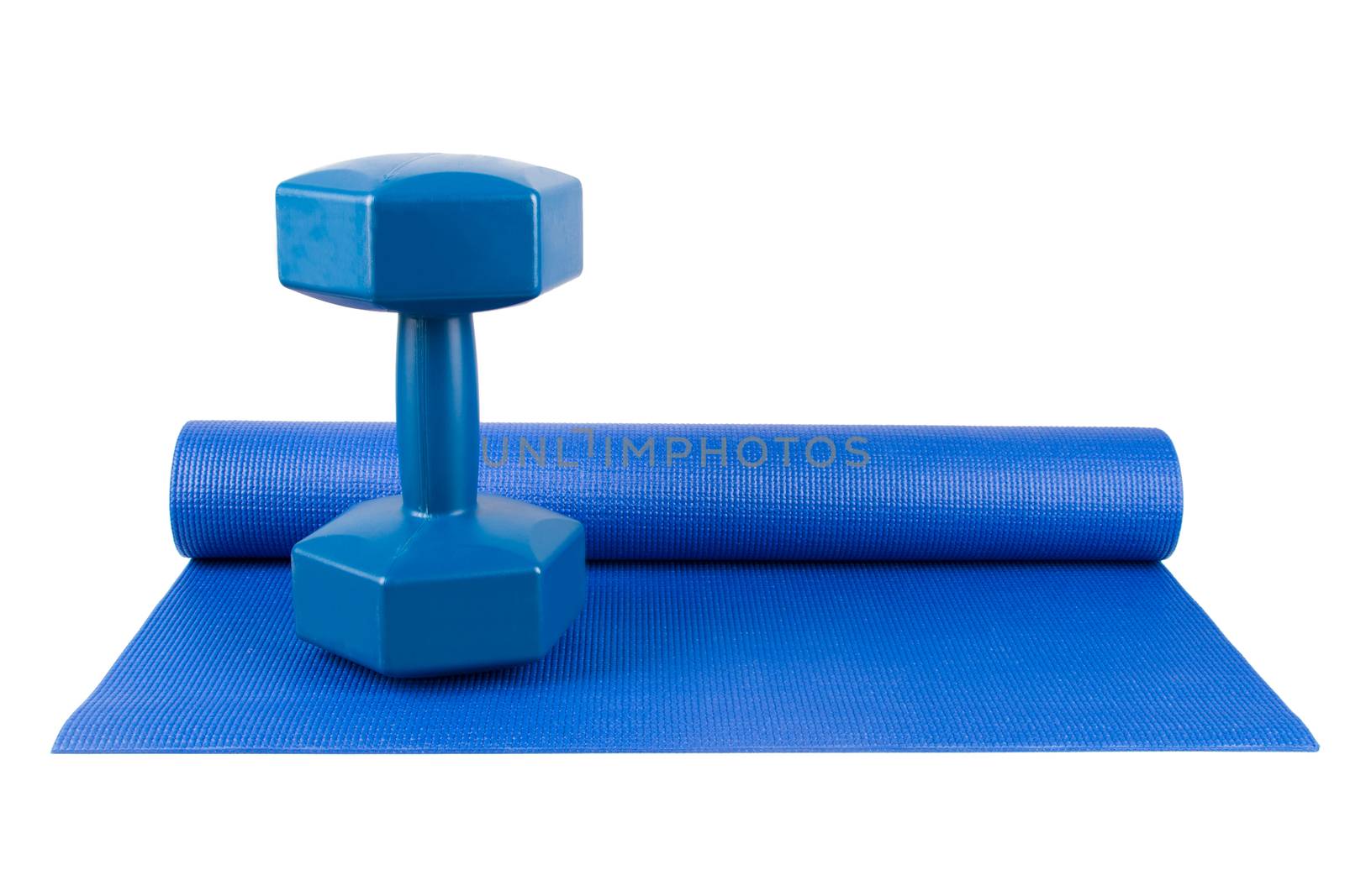 Front view of blue yoga or pilates mat for exercise and light weight for fitness, isolated on white background.