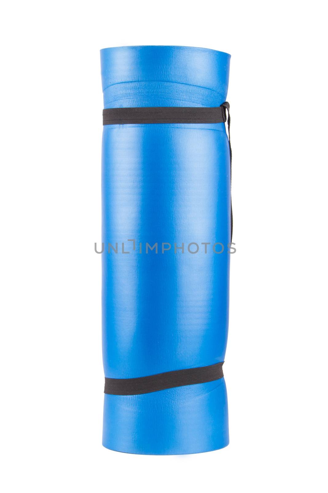Blue standing yoga mat, isolated on white background.