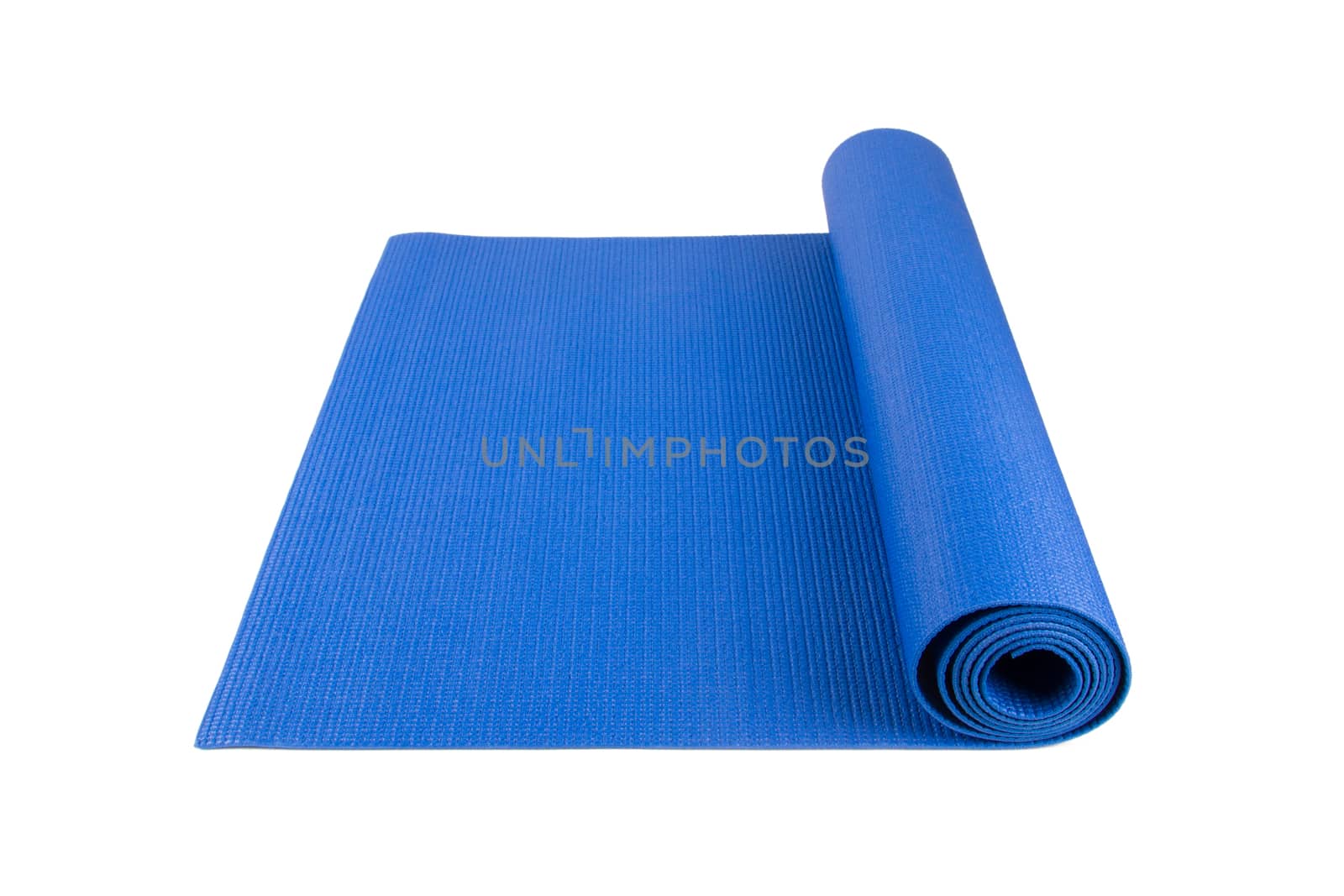 Side view of blue rolled yoga, pilates or fitness mat for exercise, isolated on white background.