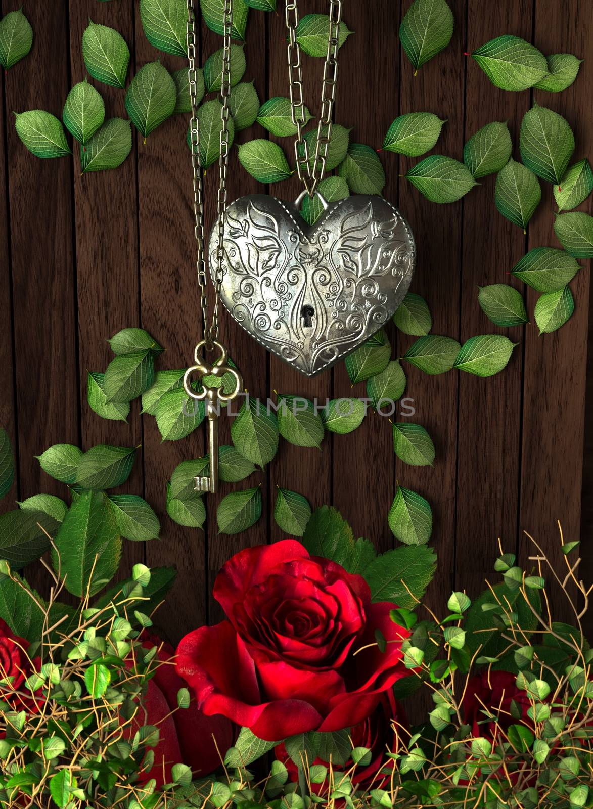 Roses and a heart with key on wooden board, conceptual holiday background by denisgo