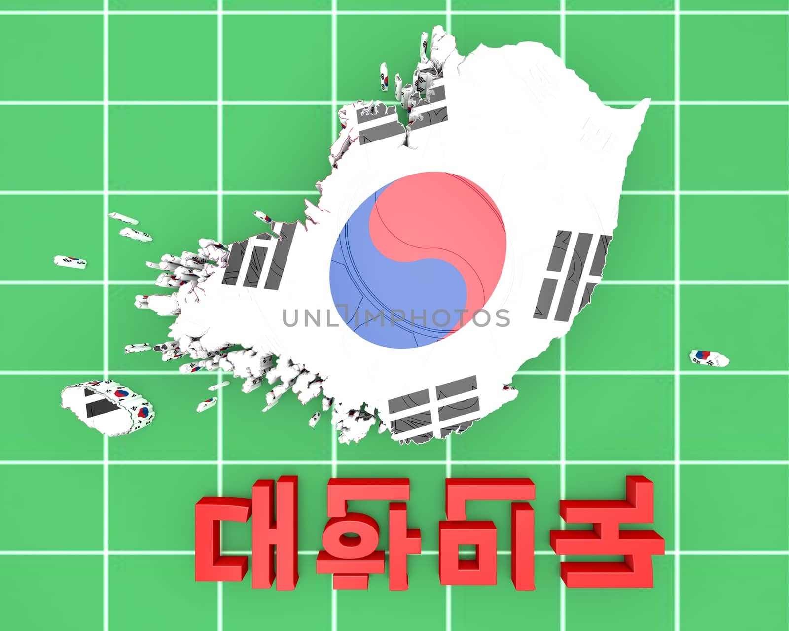3d map illustration of South Korea with coat of arms