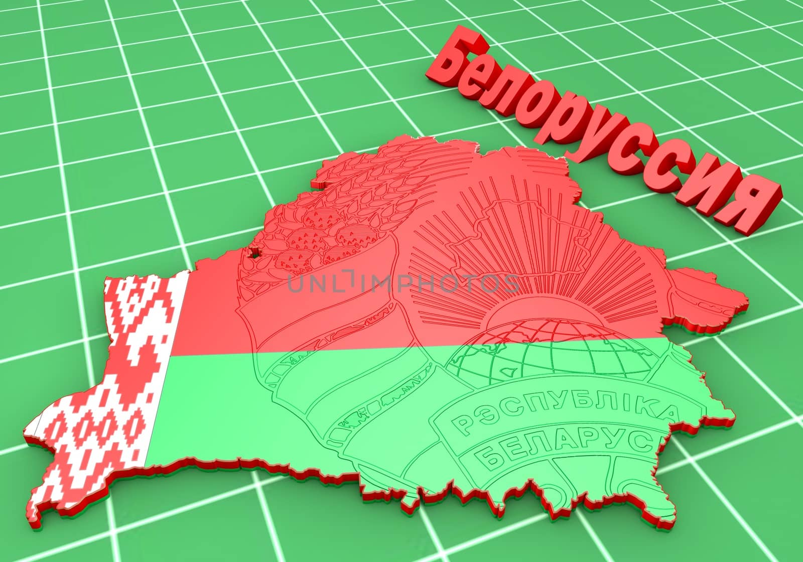 3D Map illustration of Belarus with coat of arms