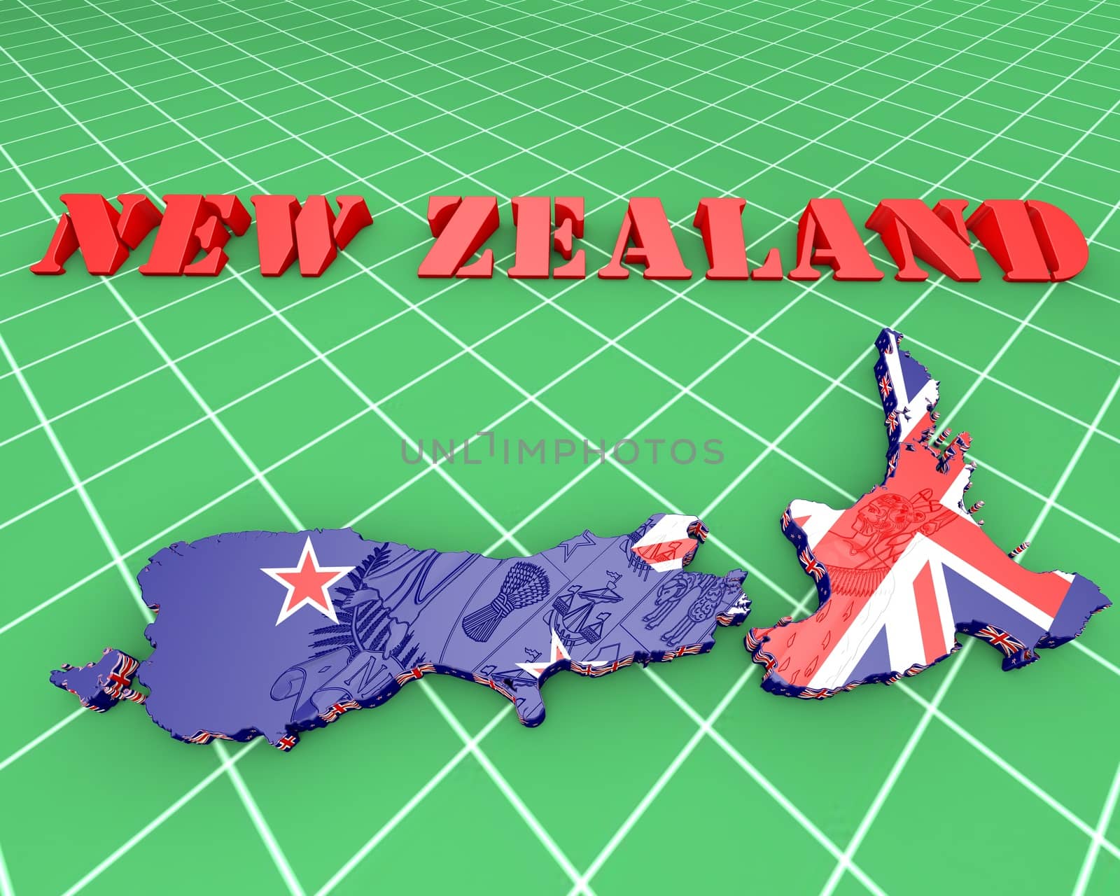 3D map illustration of New Zealand with coat of arms