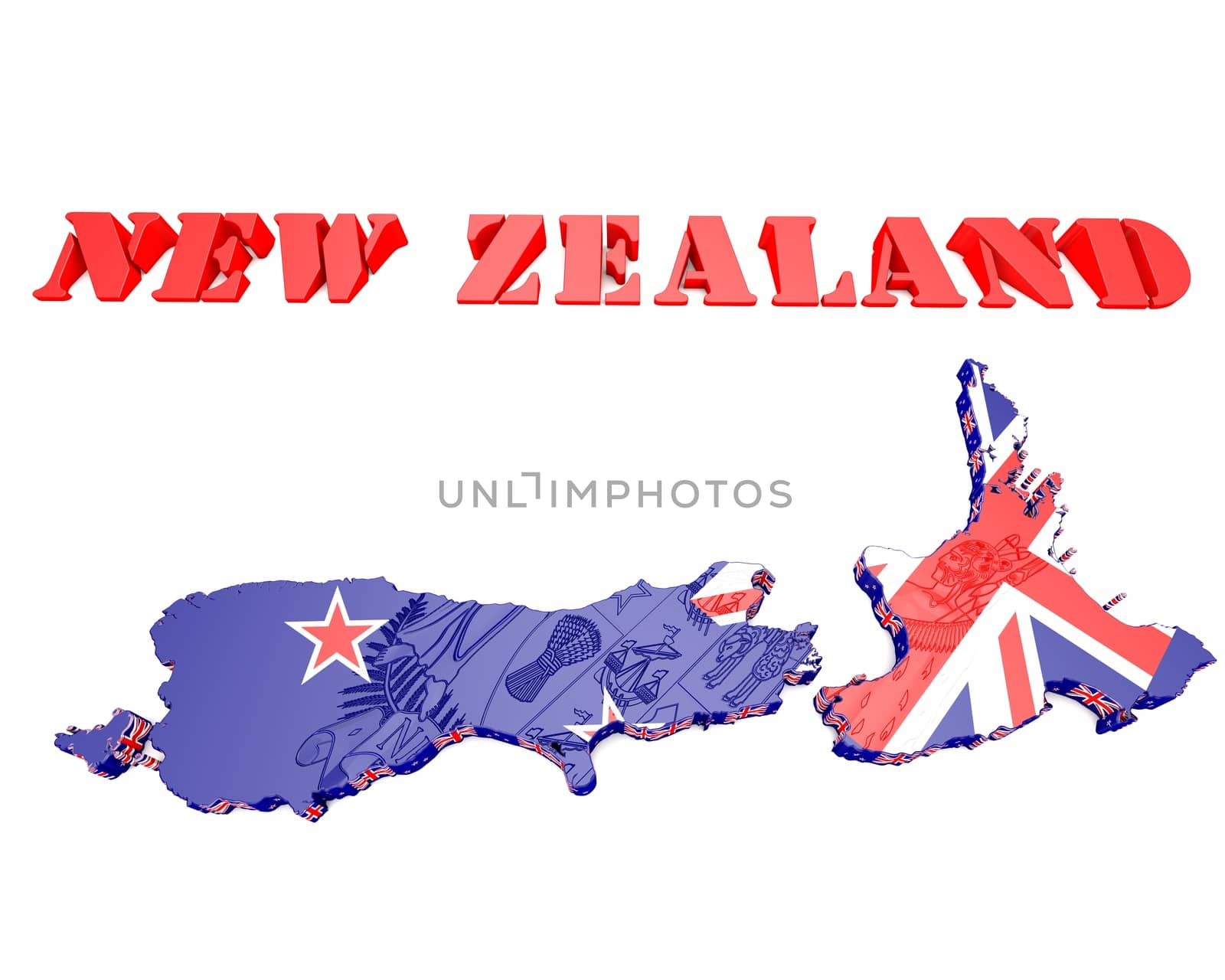 3D map illustration of New Zealand with coat of arms