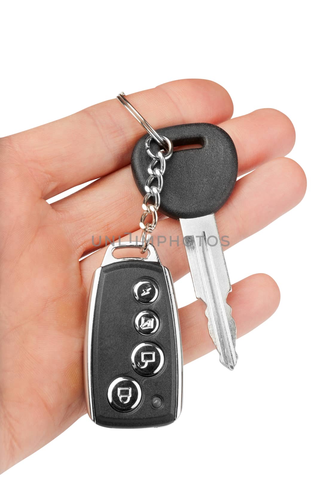car key with alarm in hand isolated
