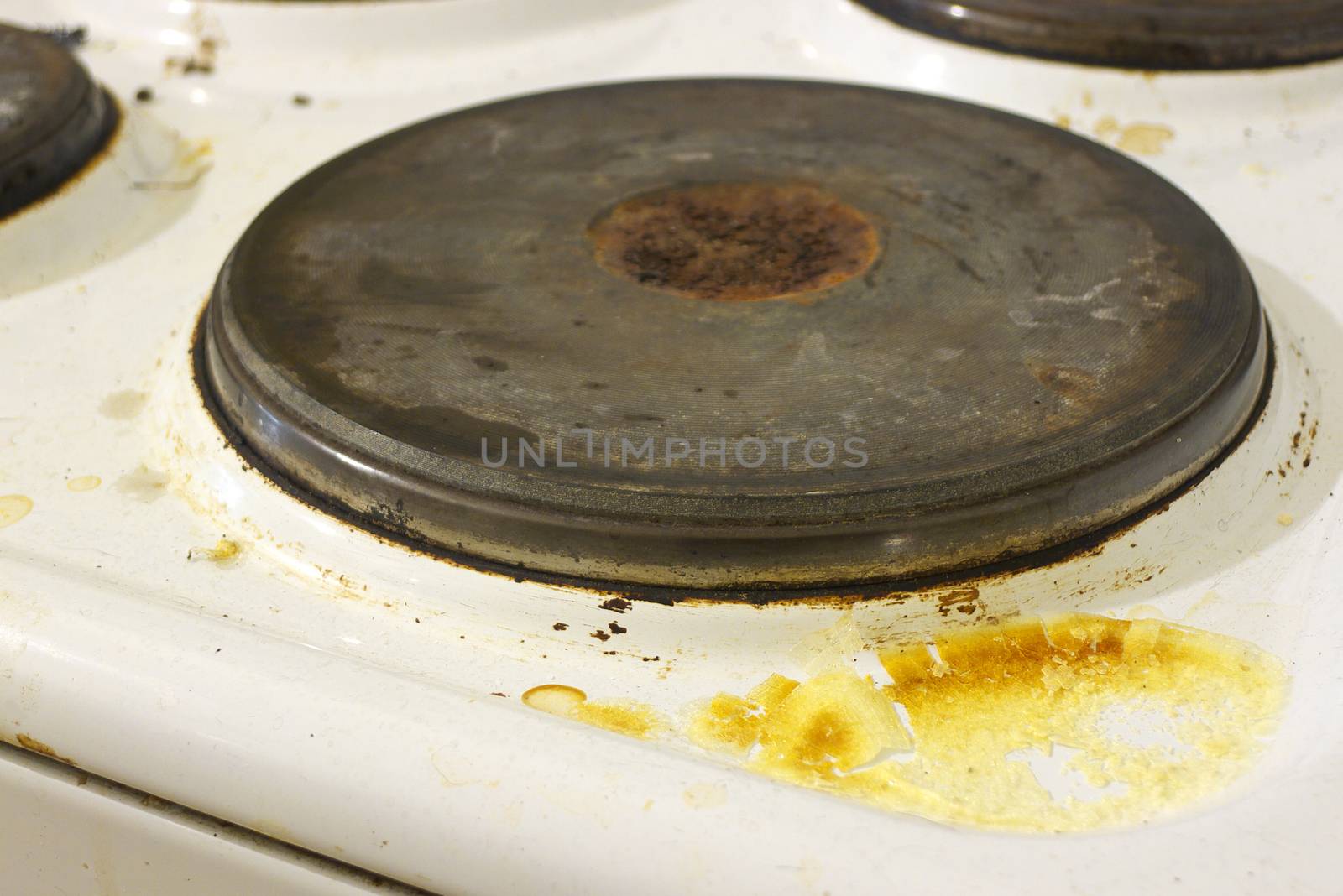 Closeup view of a dirty, old and rusty kitchen electric stove in an unhygienic condition.