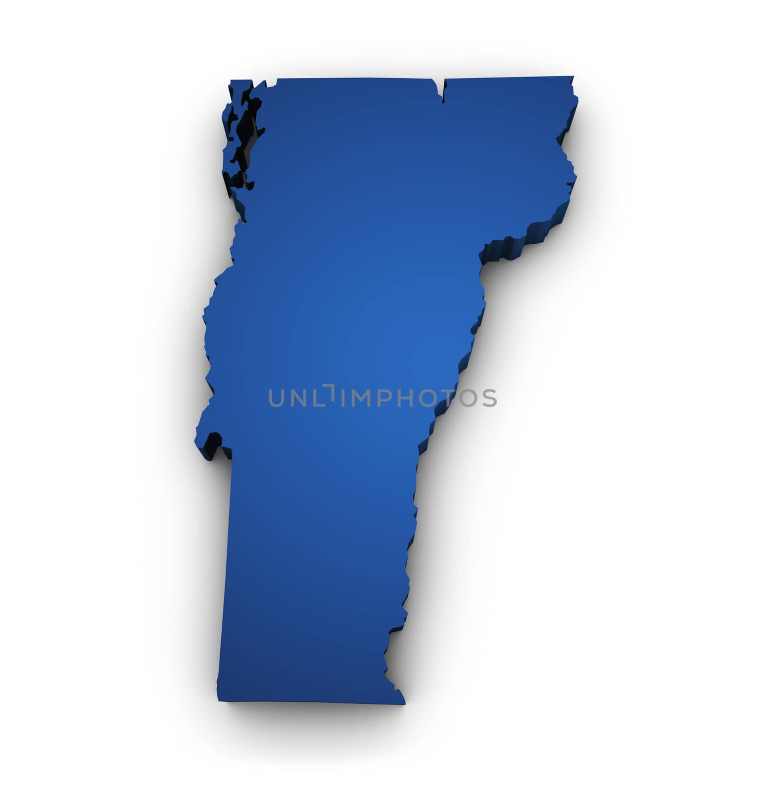 Shape 3d of Vermont map colored in blue and isolated on white background.