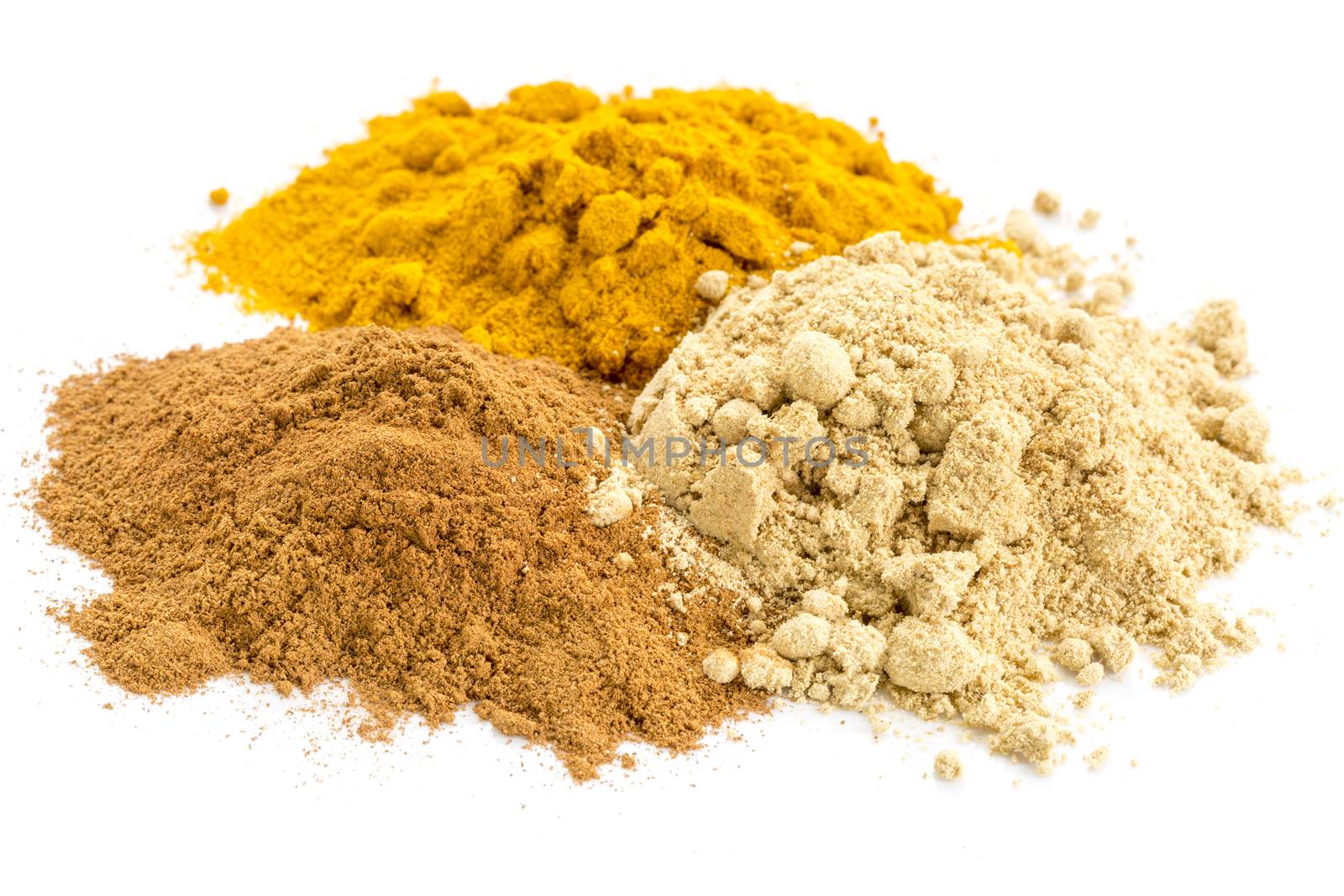 piles of three healthy spices -turmeric, ginger and cinnamon