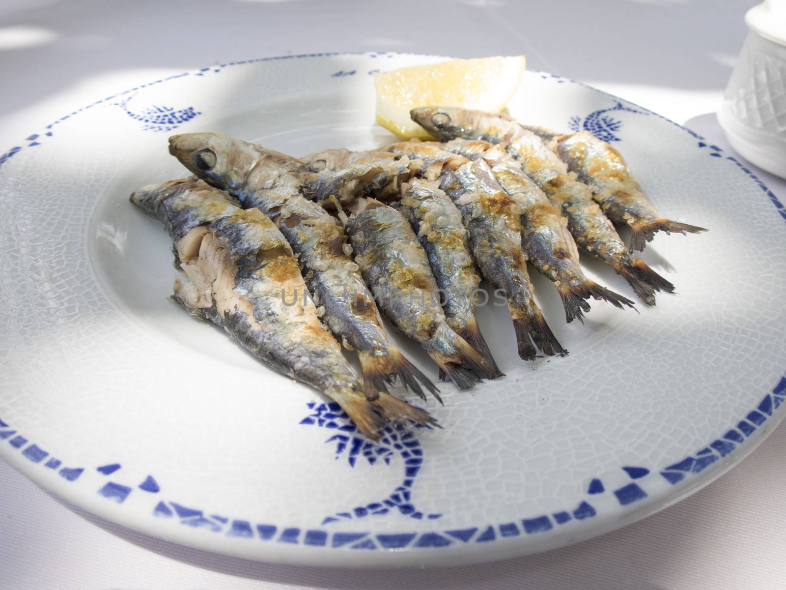 typical spanish barbecue espeto sardines in white and blue dish on tablecloth restaurant
