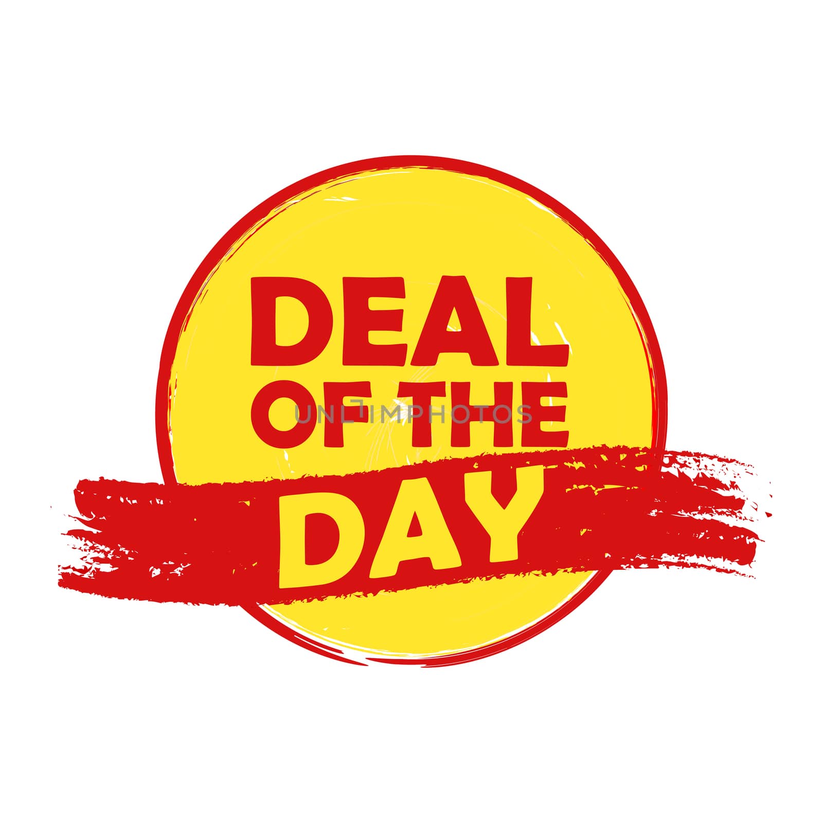 deal of the day drawn label - text in red and yellow round banner, business shopping concept
