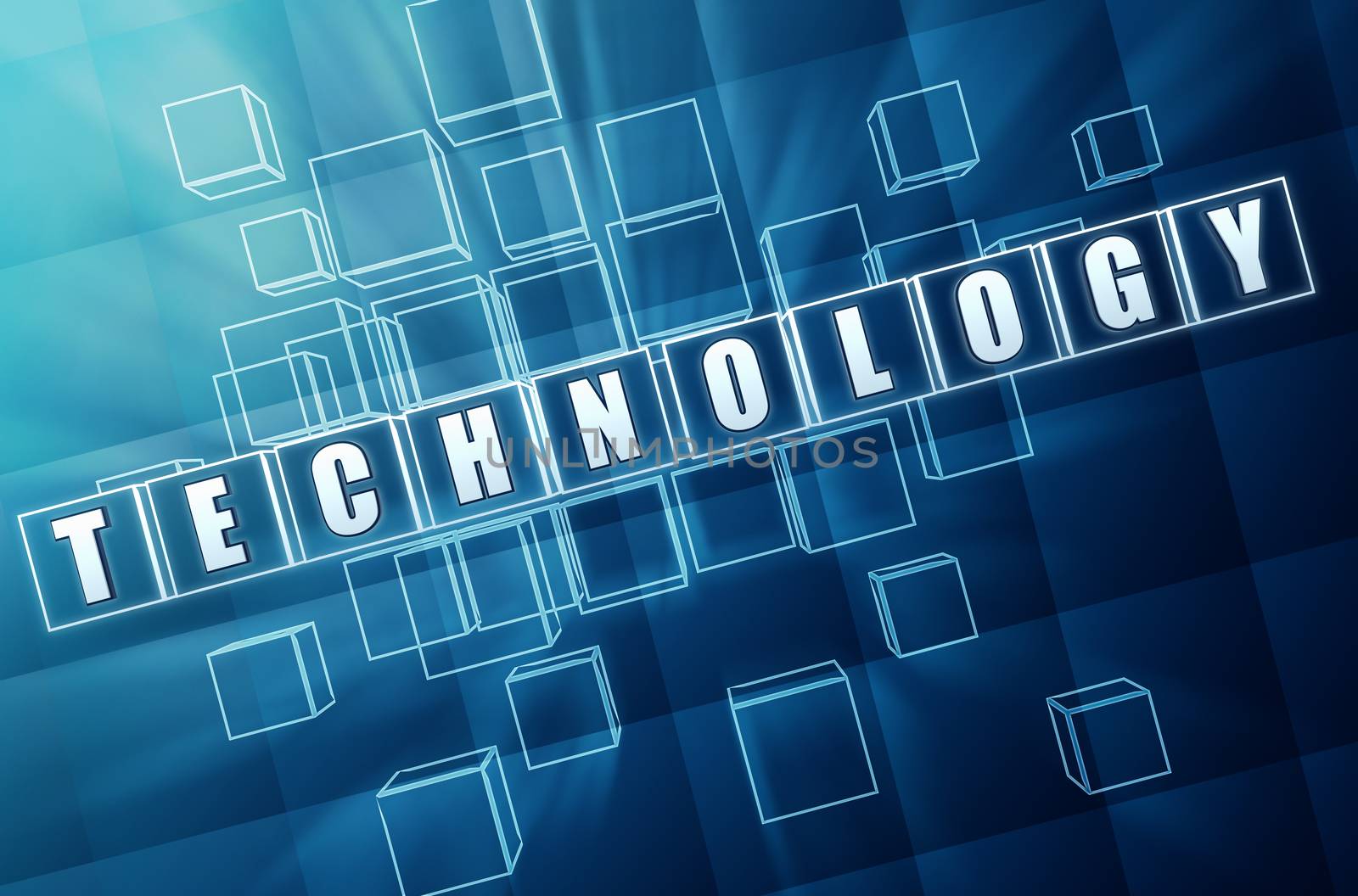 technology - text in 3d blue glass boxes with white letters, technical industry concept
