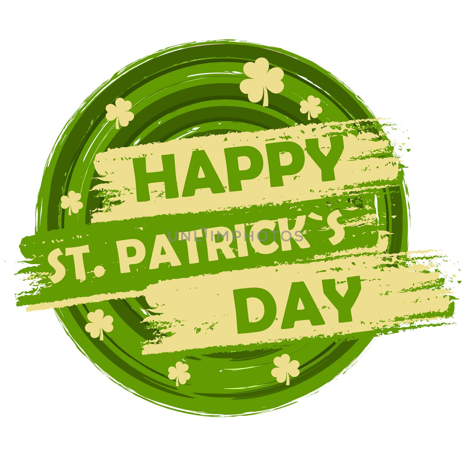 happy St. Patrick's day with shamrock signs, green round drawn b by marinini