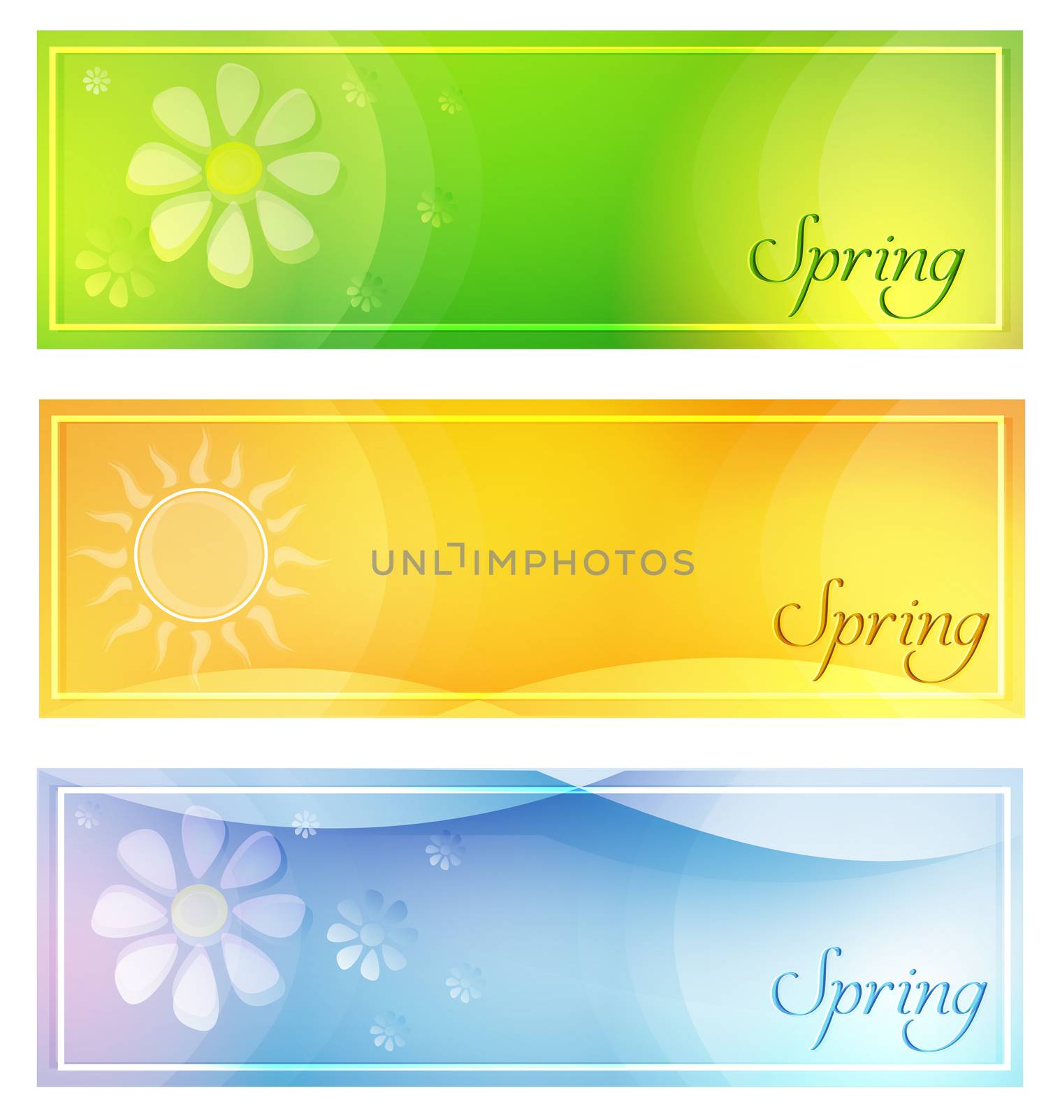 text spring with sun and flowers in banners with frame over green yellow and blue backgrounds, seasonal flat design labels