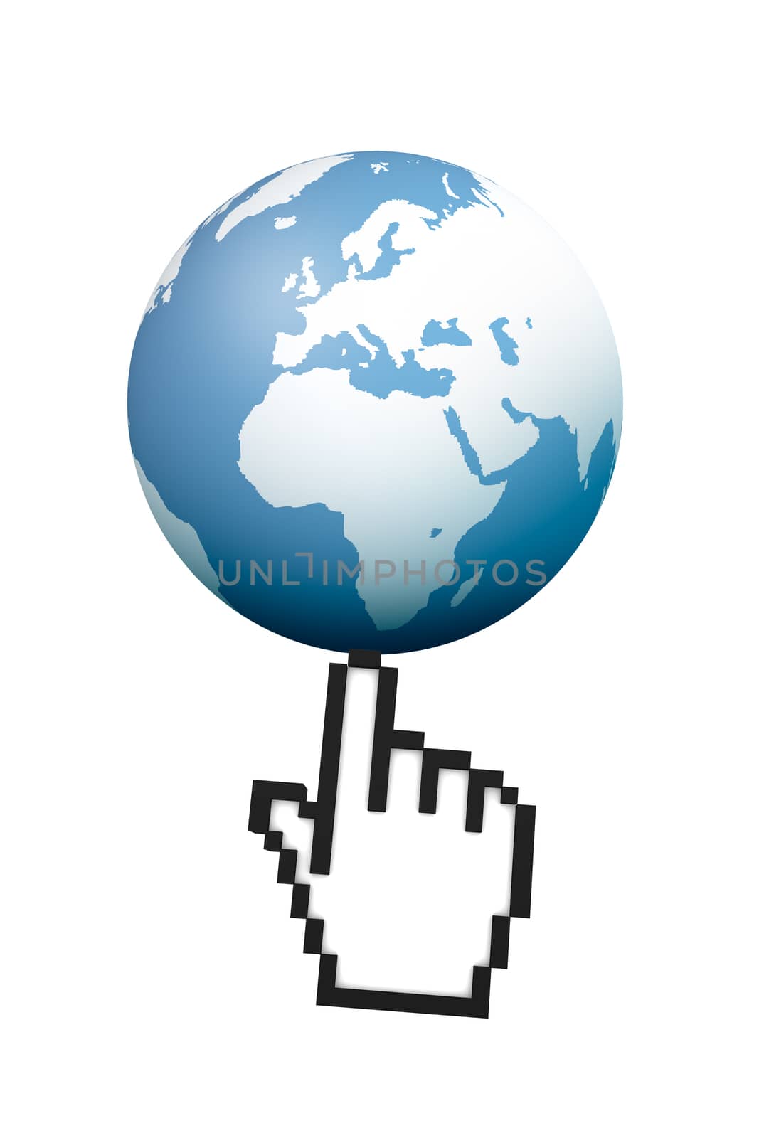 Computer mouse hand cursor symbol pointing earth map globe, isolated on white background.