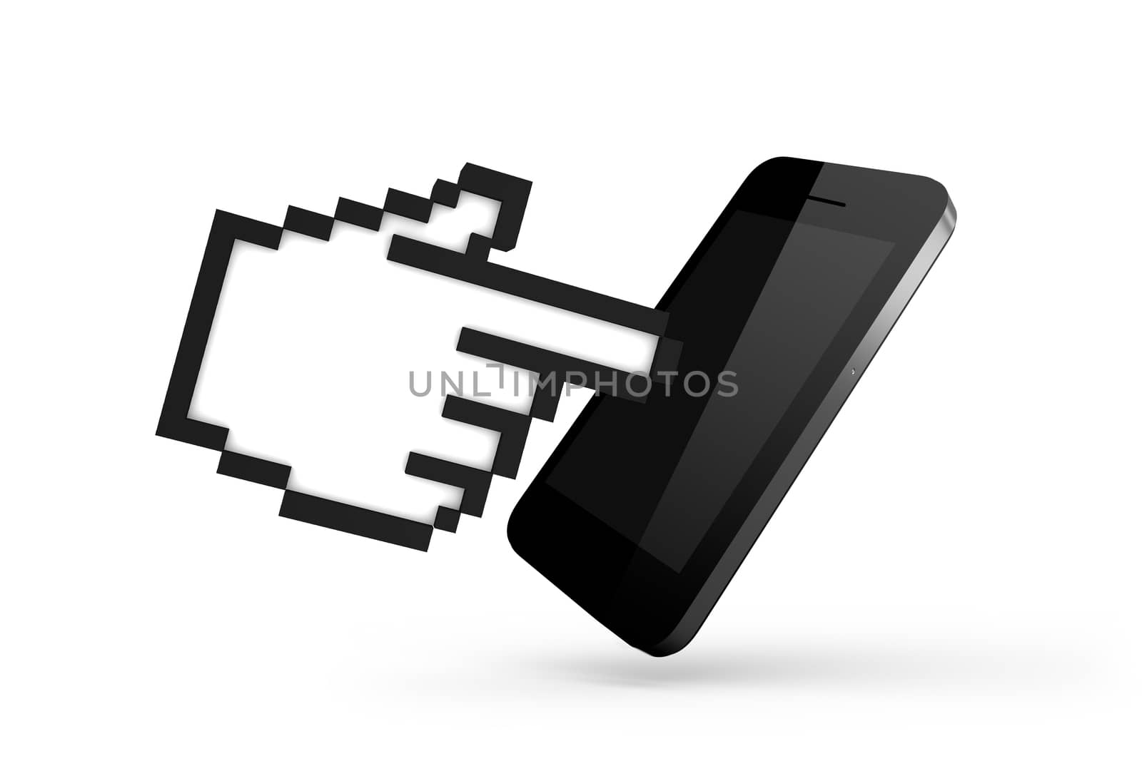 Online shopping concept, computer mouse hand cursor symbol with blank screen smart phone, isolated on white background.