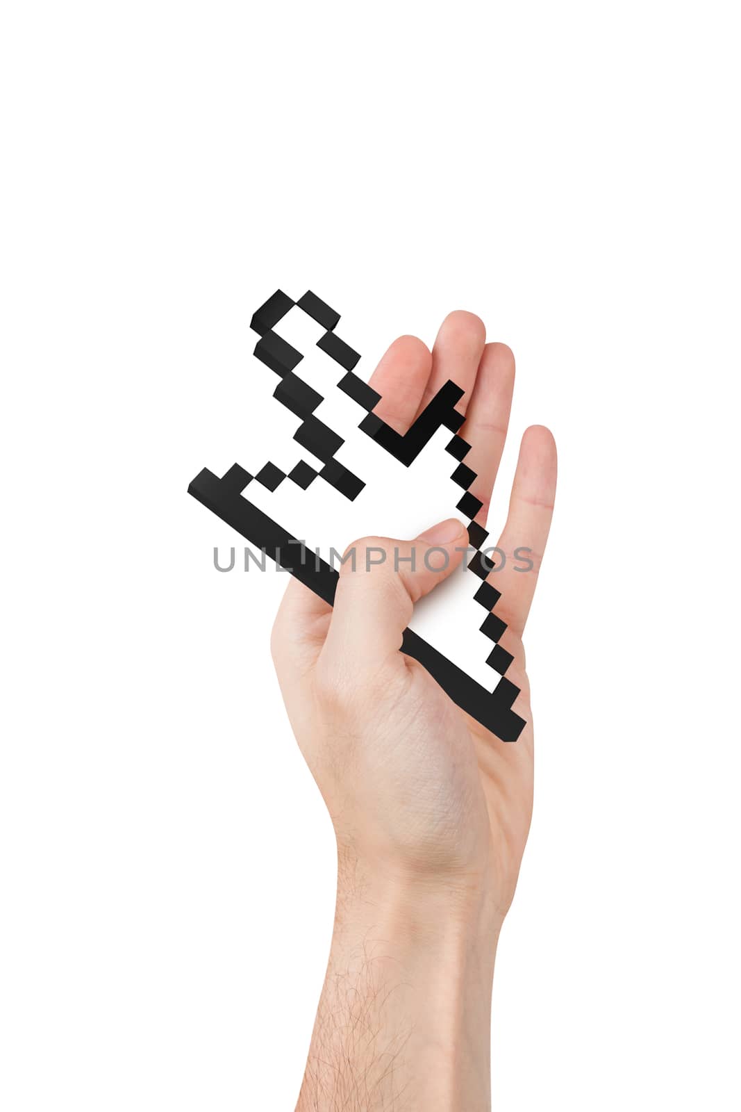 Hand holding computer mouse arrow cursor symbol, isolated on white background.