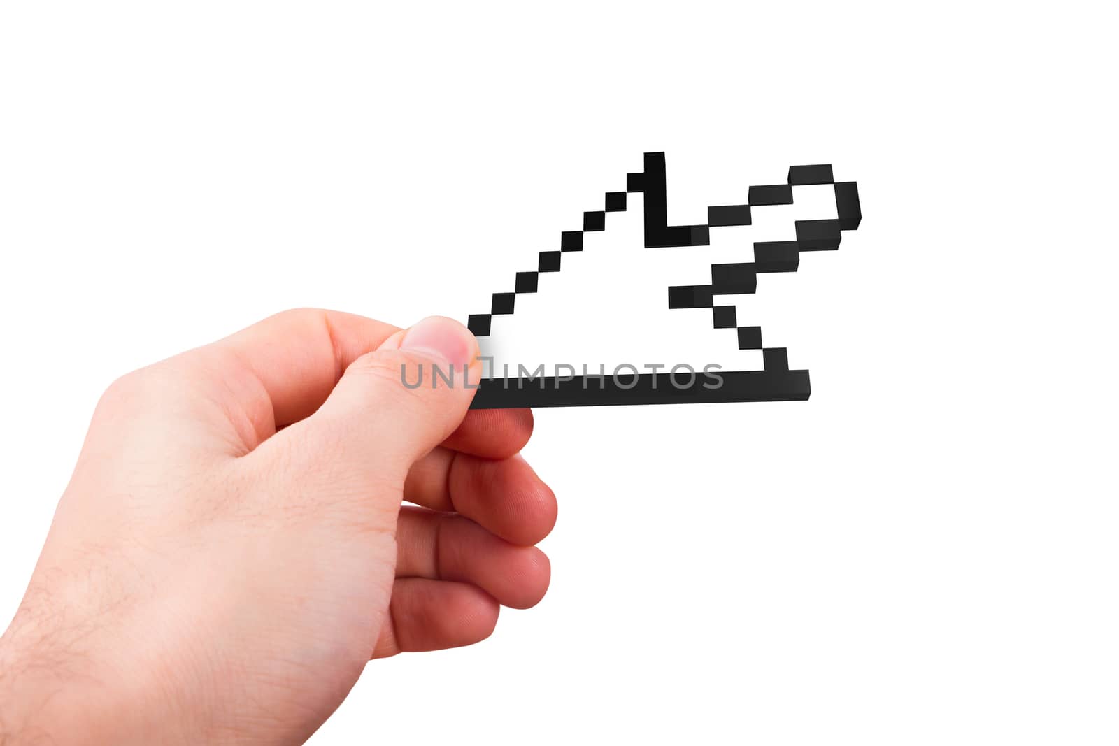 Hand holding computer mouse arrow cursor icon, isolated on white background.