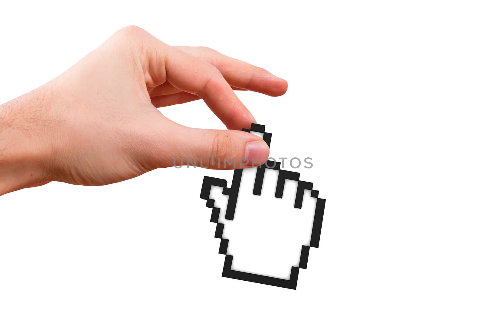 Hand holding computer mouse hand cursor icon, isolated on white background.