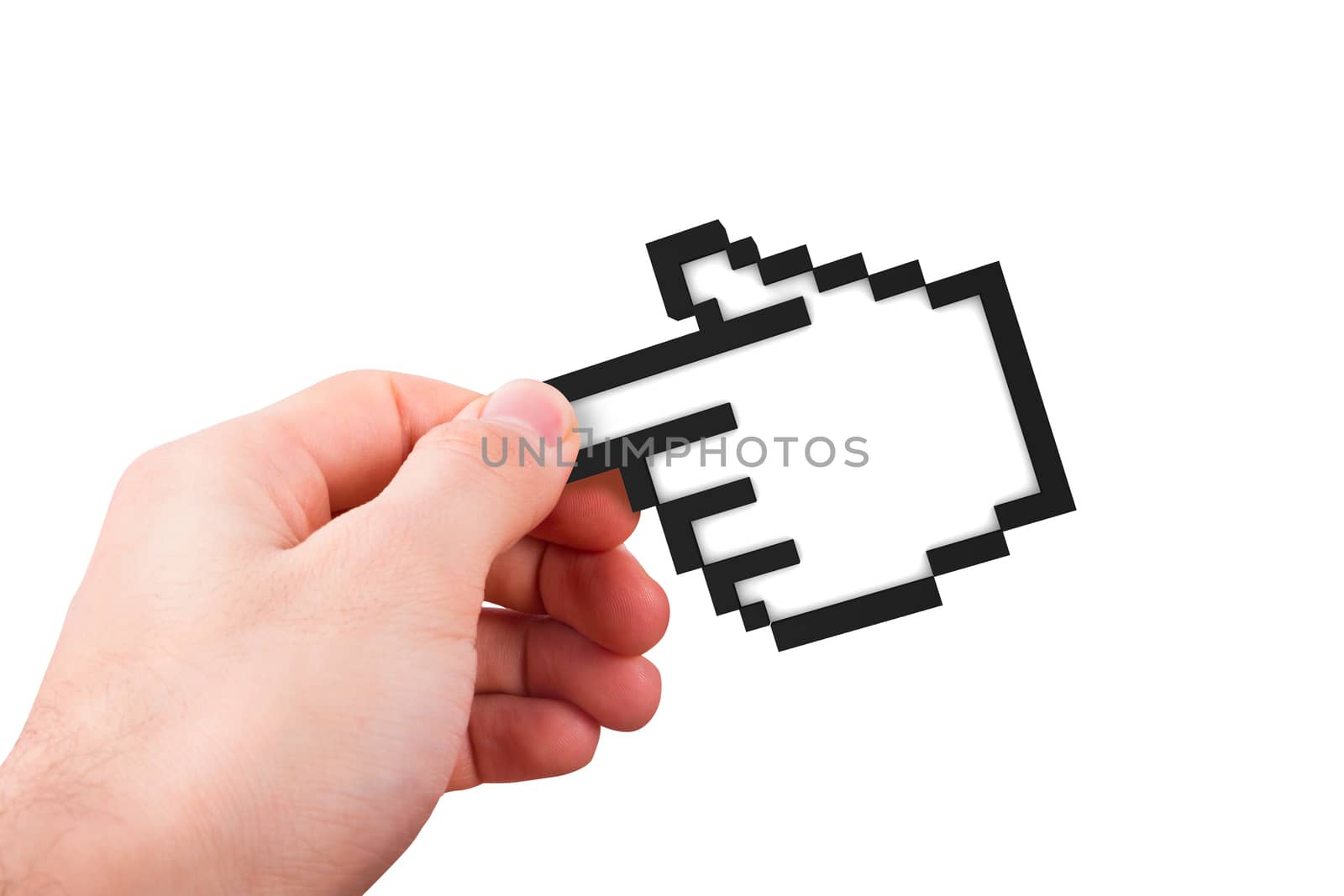 Hand holding computer mouse hand cursor icon, isolated on white background.