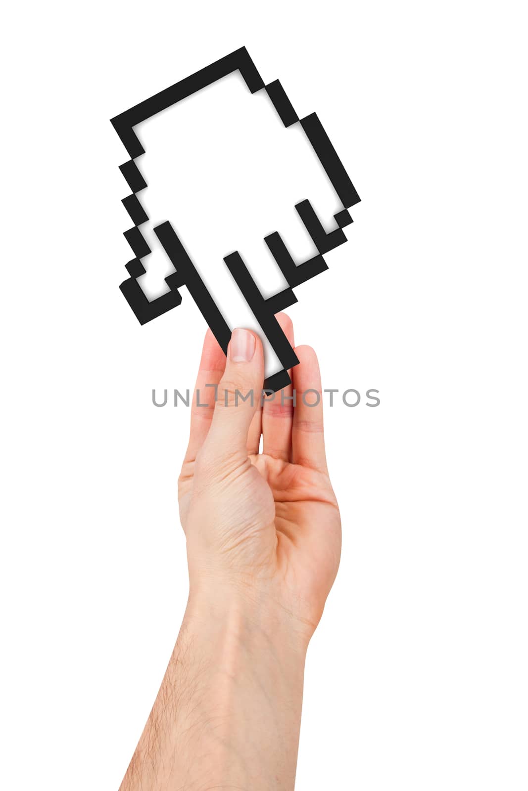 Hand holding computer mouse hand cursor icon, isolated on white background.