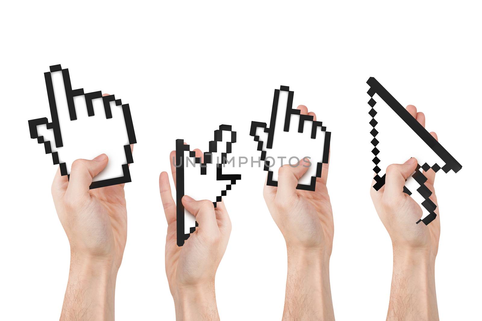 Group of hands holding computer mouse hand and arrow cursor symbols, isolated on white background.