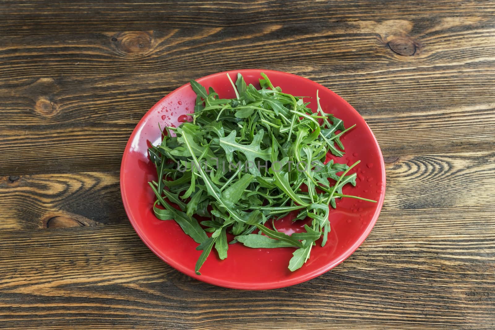 arugula lettuce on a red plate on a wooden background