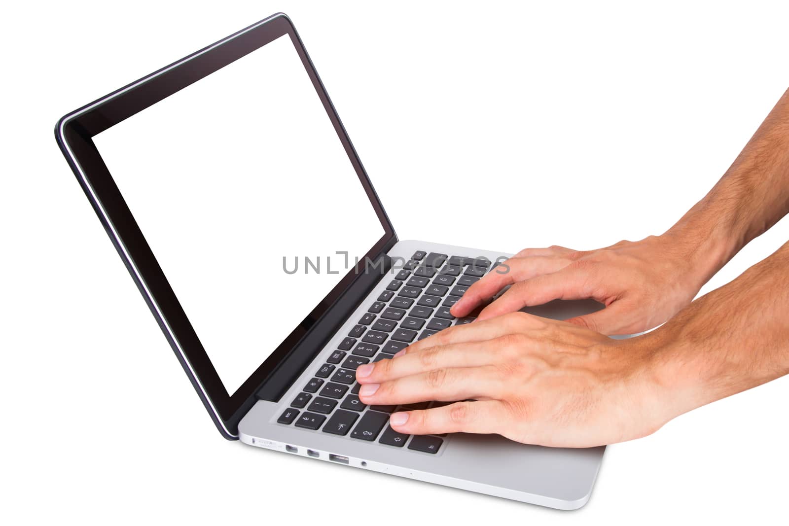 Male hands using laptop with blank, empty screen, isolated on white background.