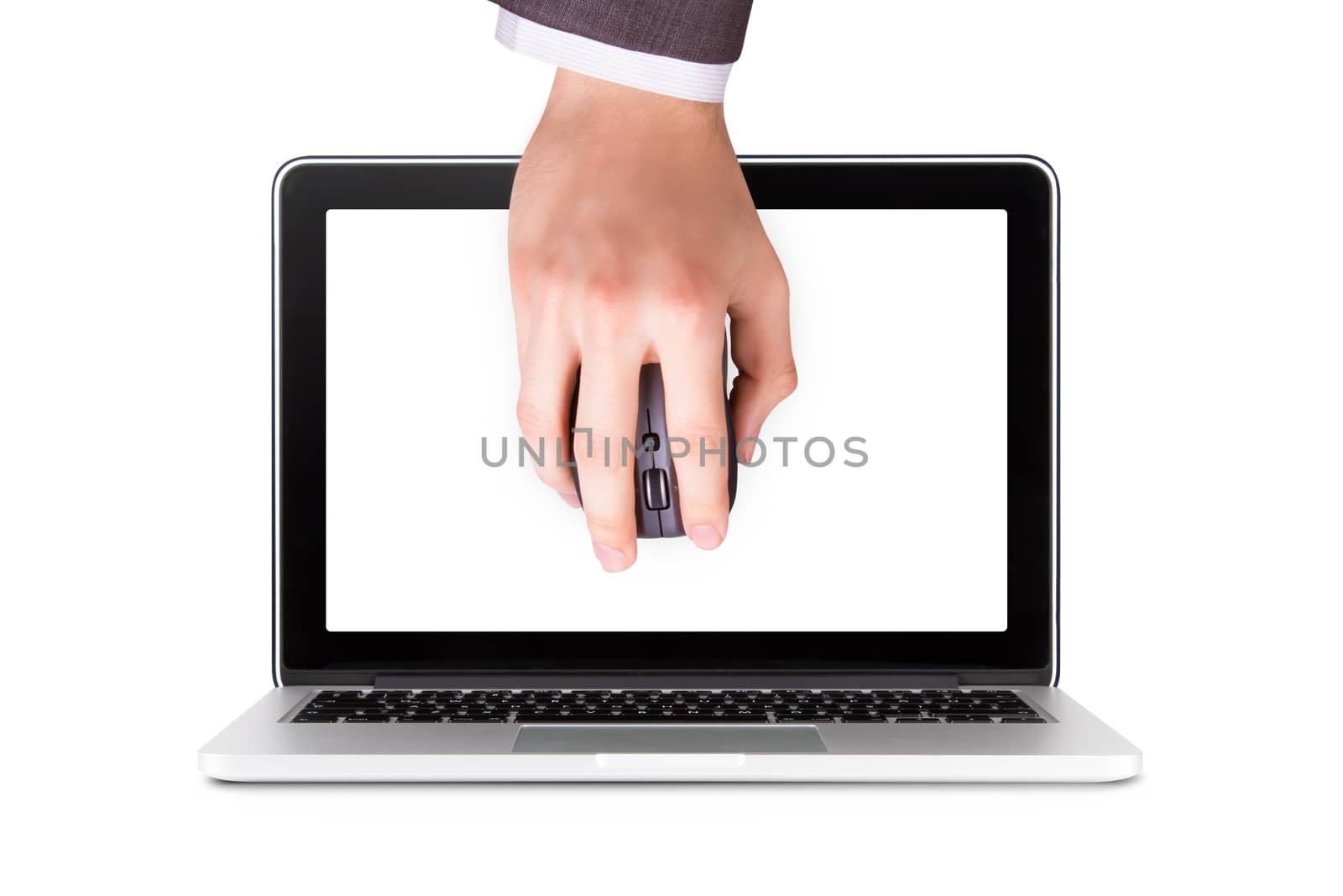 Online shopping concept, laptop with blank, white screen and businessman hand holding computer mouse front of monitor, isolated on white background.