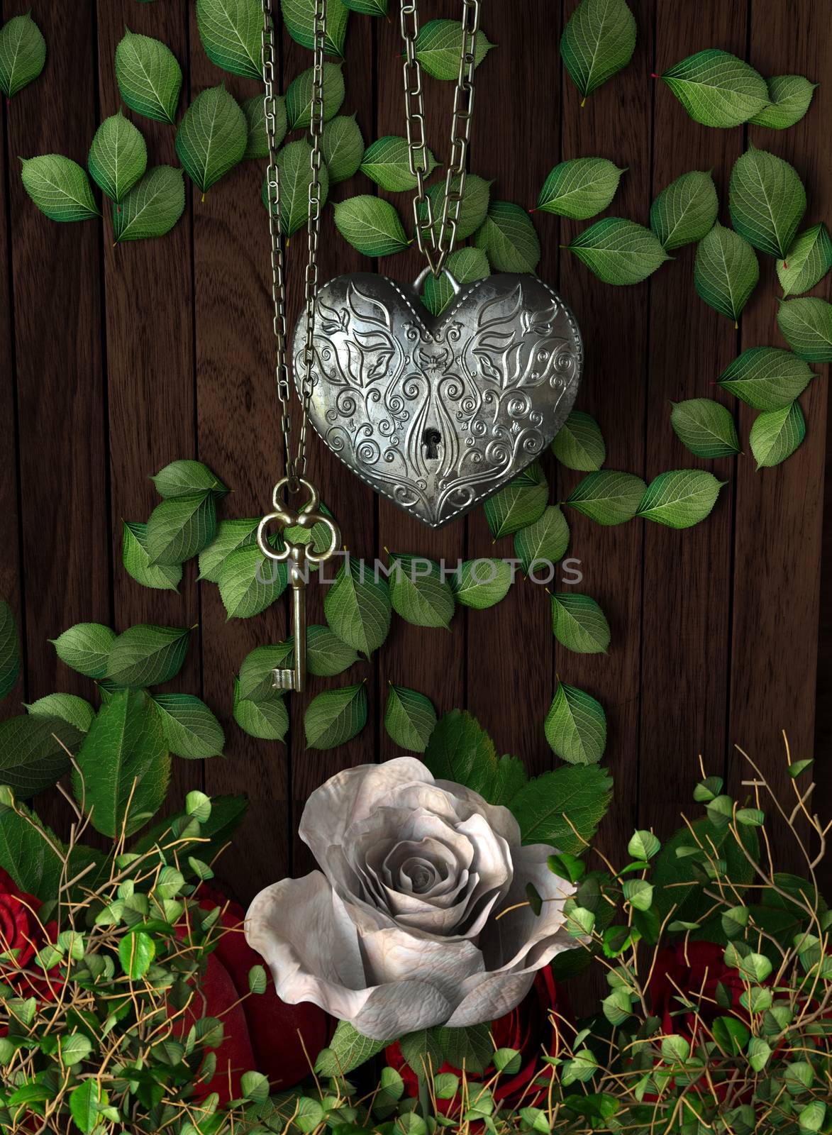 Roses and a heart with key on wooden board, conceptual holiday background
