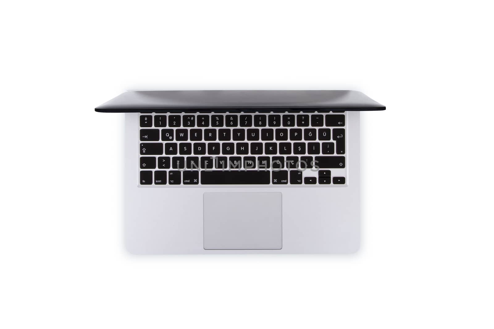 Top view of single laptop, isolated on white background.