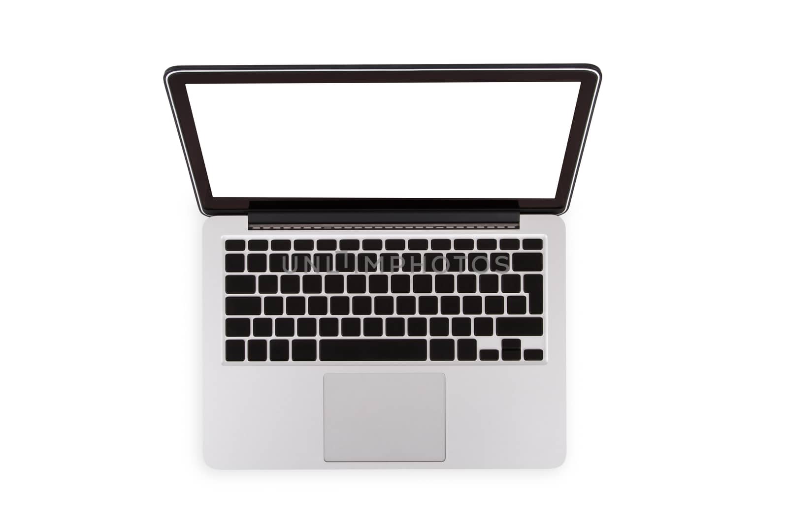 Top view of single laptop, isolated on white background.