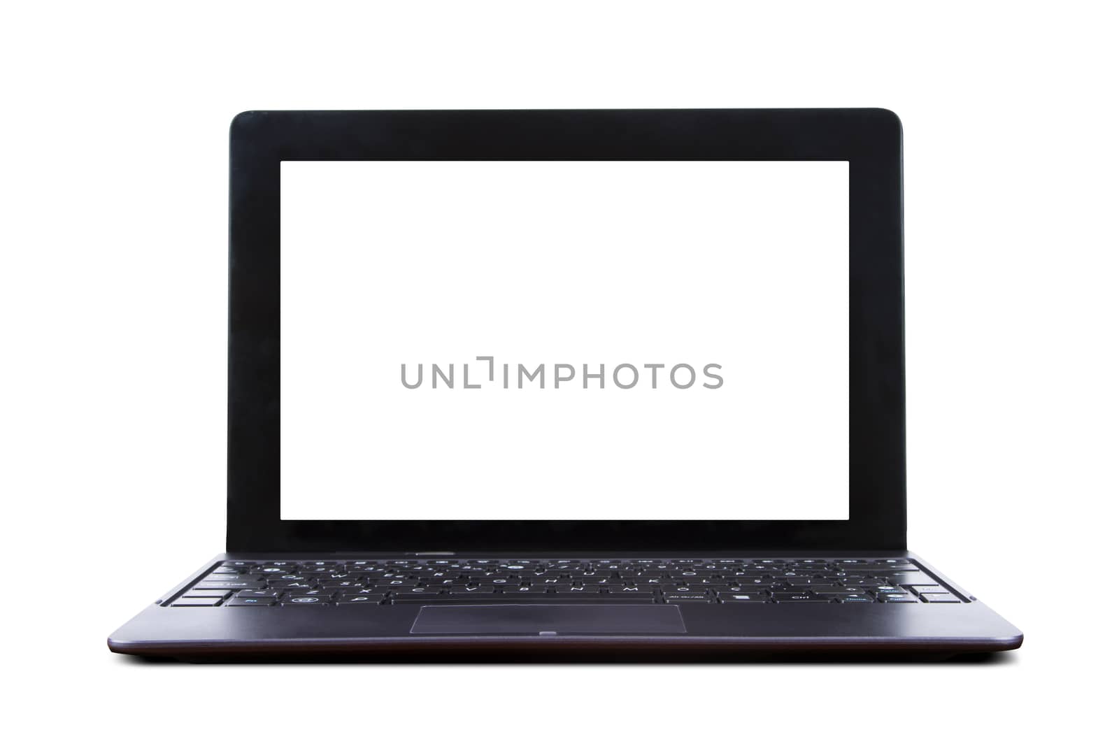 Tablet laptop with blank screen, front view, isolated on white background.