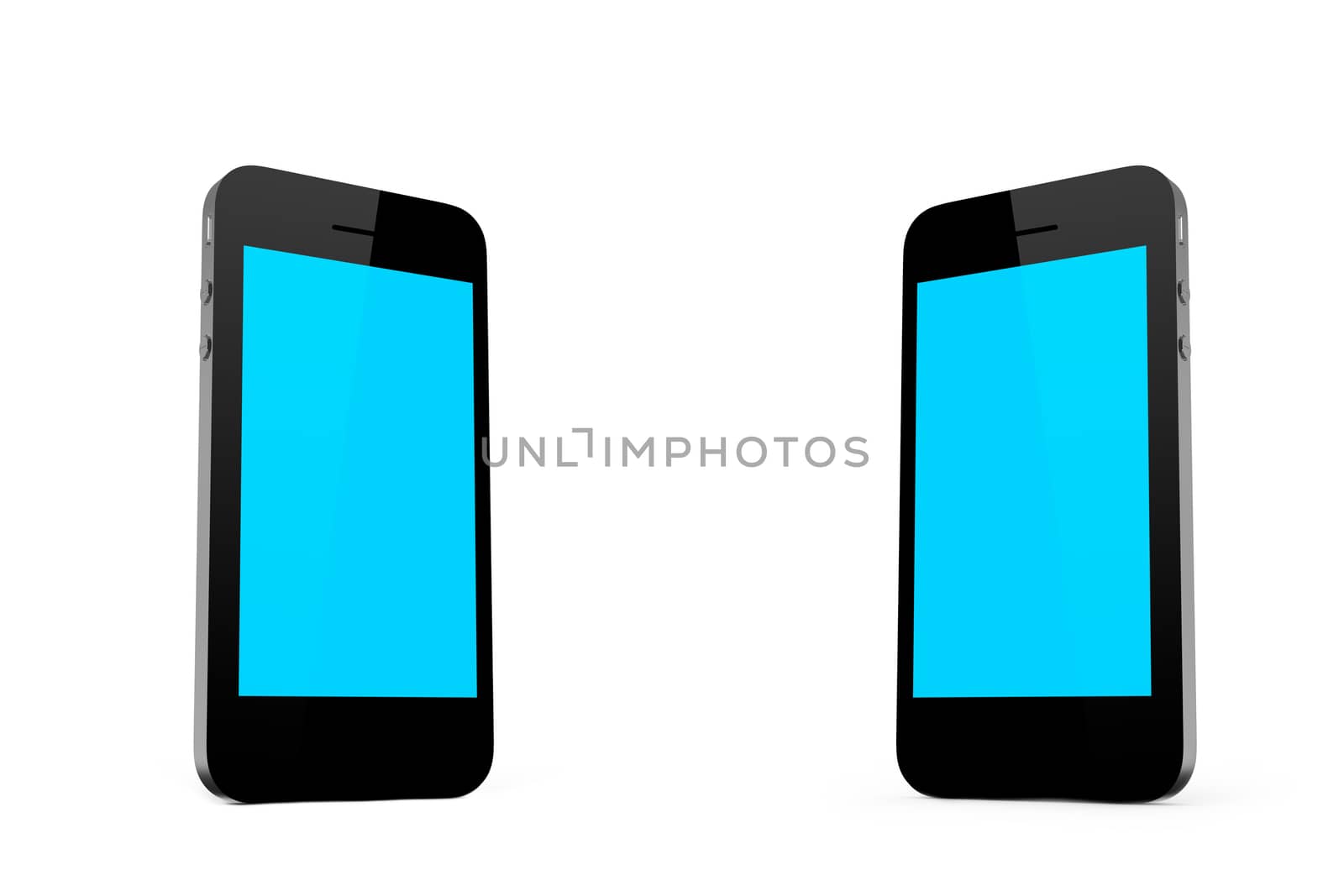 Two smart phones standing with blank empty blue screen, isolated on white background.
