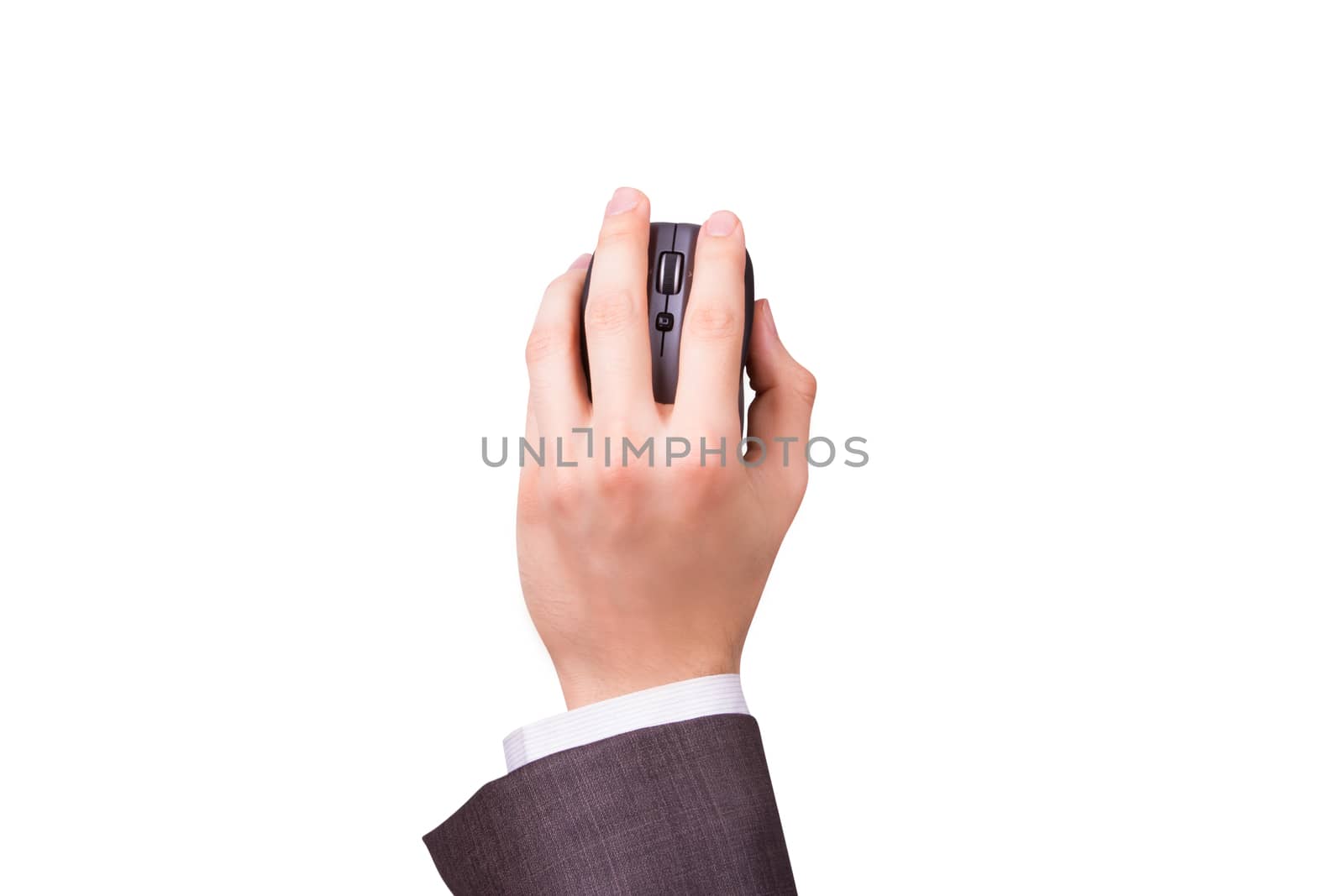 Businessman hand holding mouse, isolated on white background.