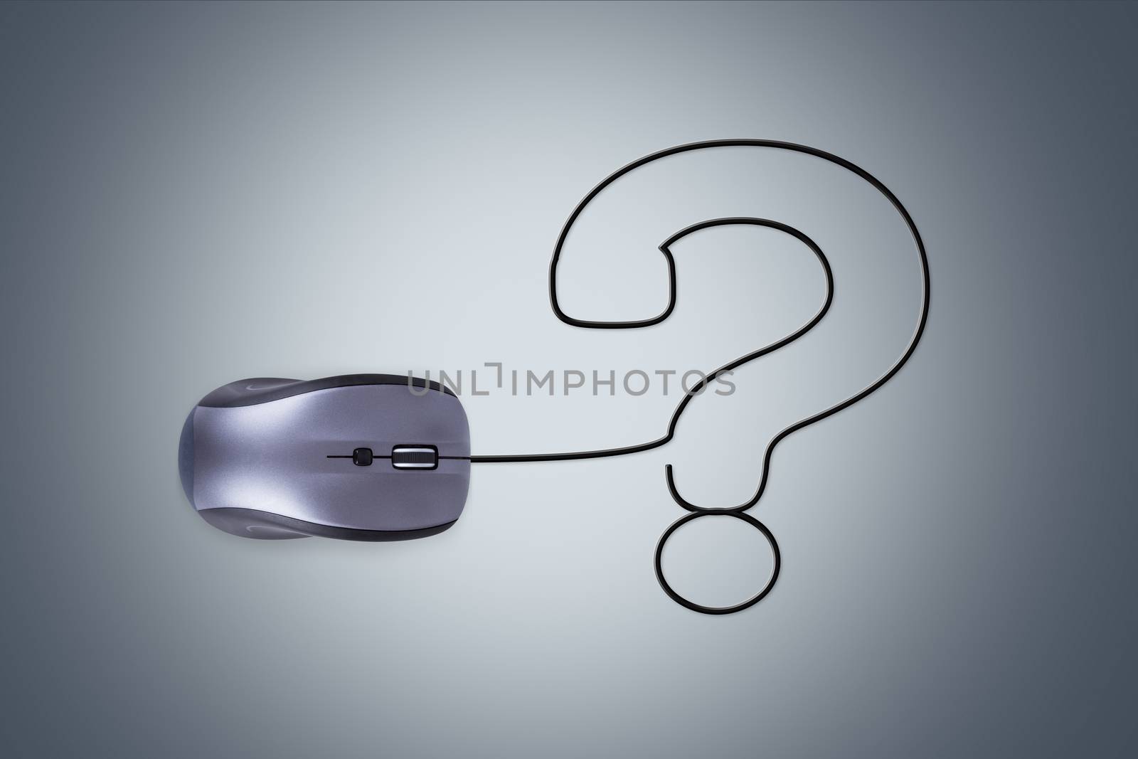 Mouse with cable in form of question mark over dark background.