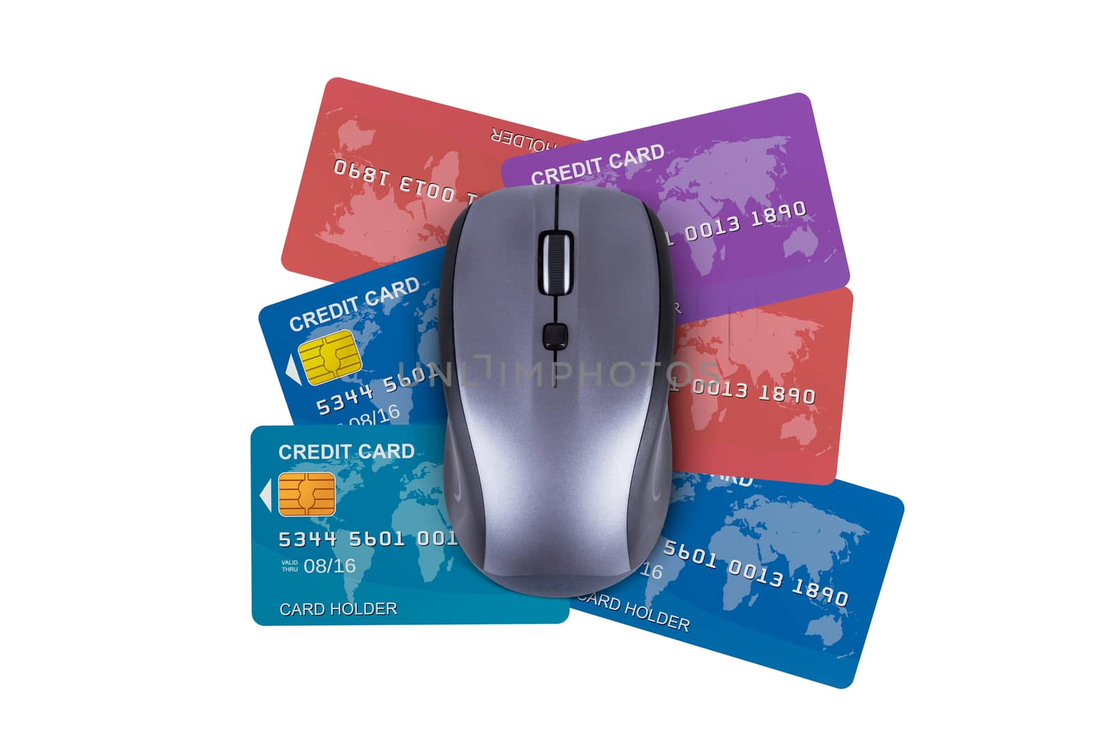 Finance concept, colorful credit cards under computer mouse, isolated on white background.