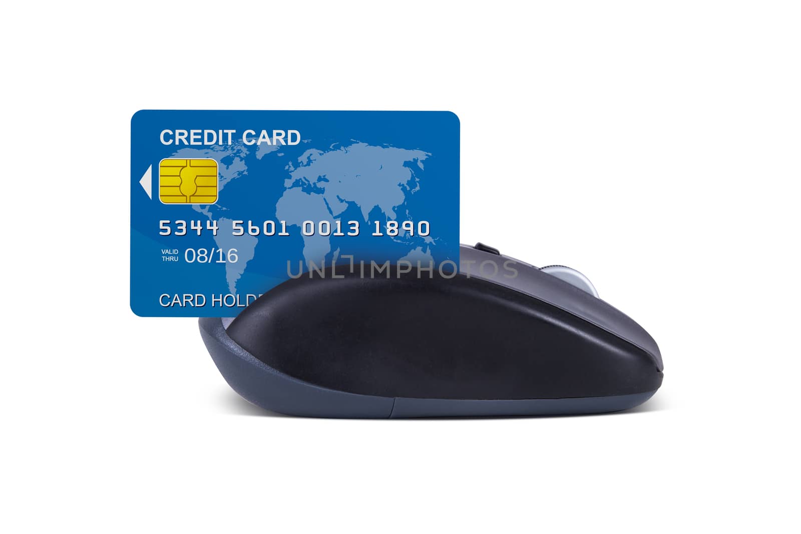 Online shopping concept, computer mouse with credit card, isolated on white background.