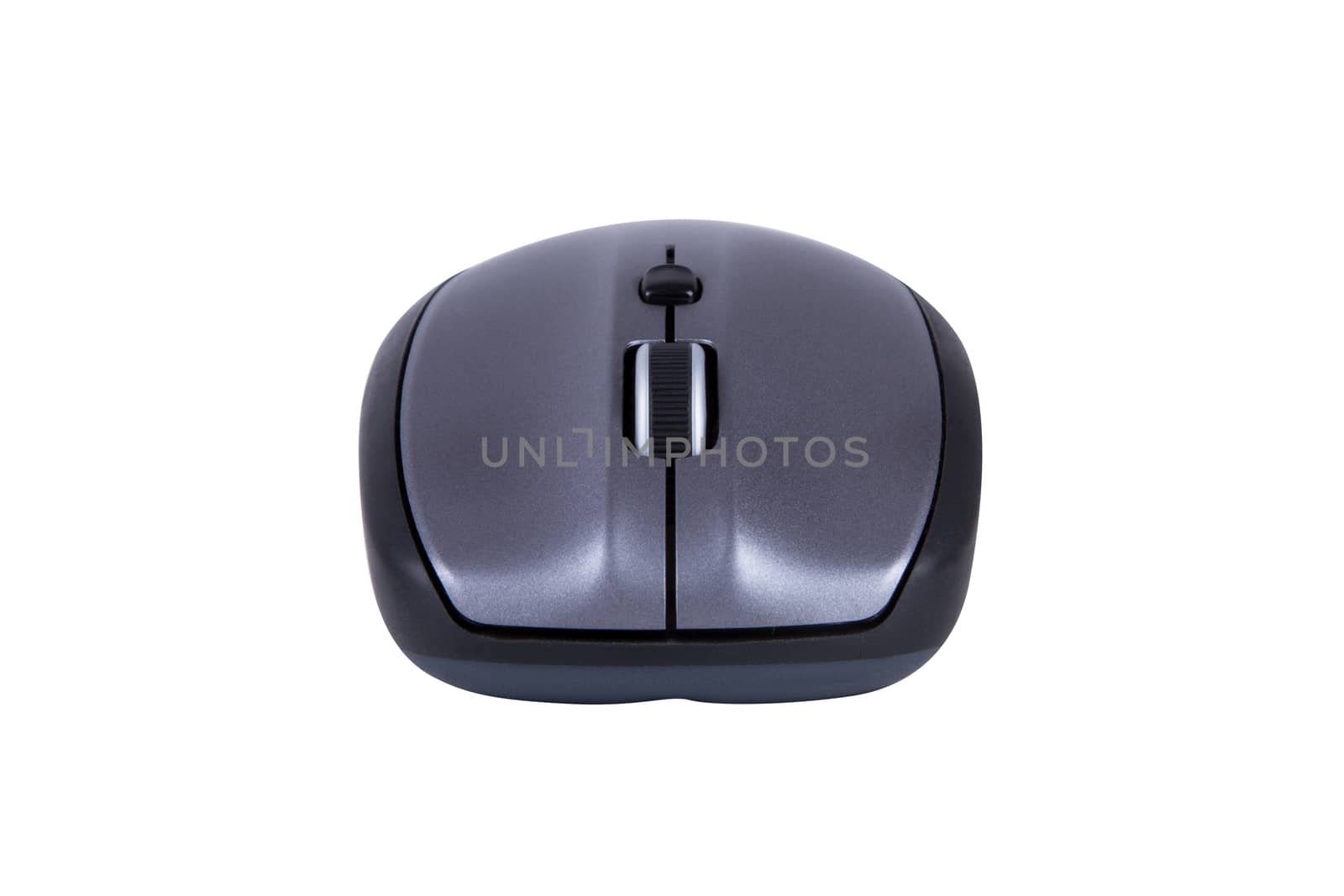 Single wireless mouse of desktop computer, front view, isolated on white background.