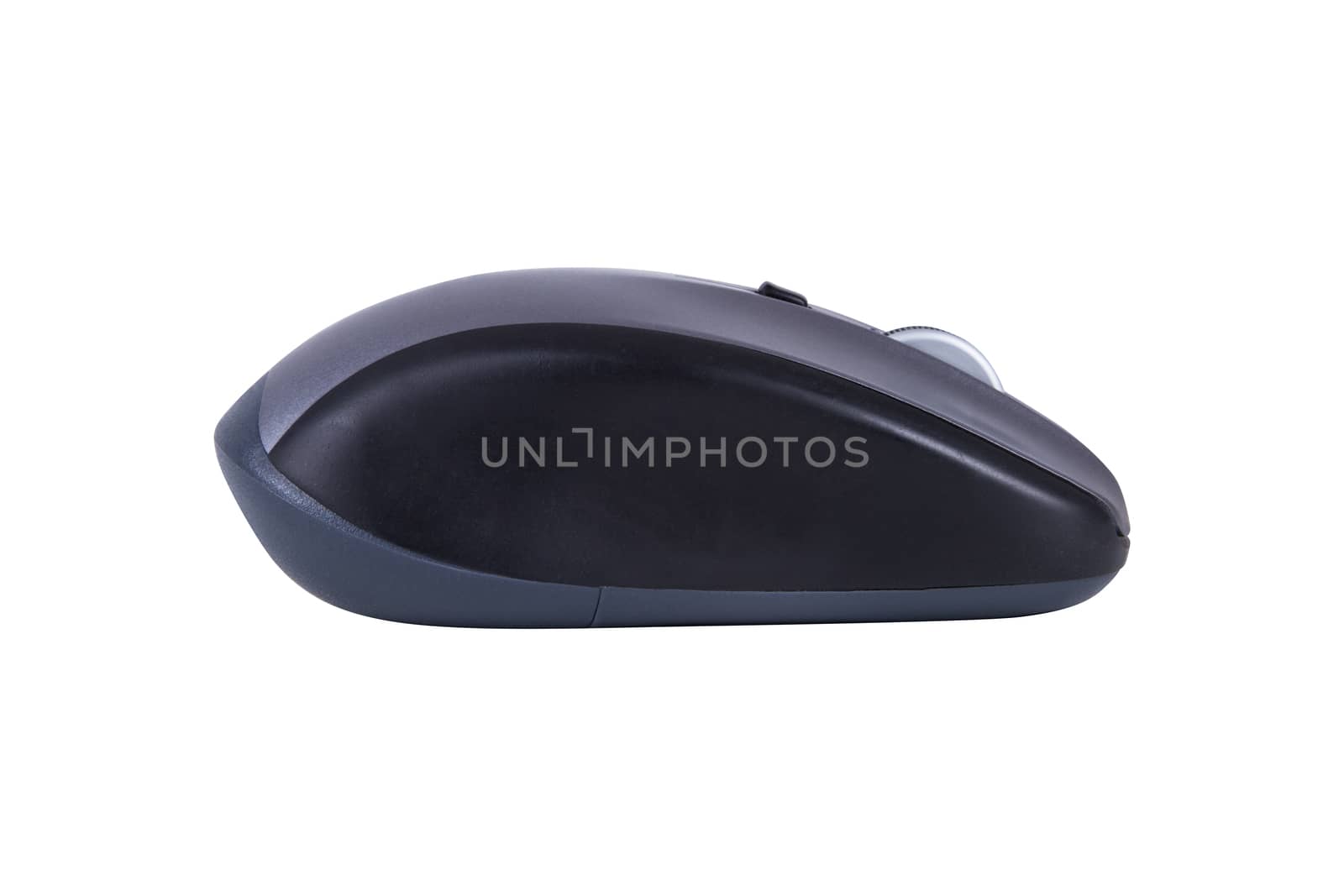 Single wireless mouse of desktop computer, side view, isolated on white background.
