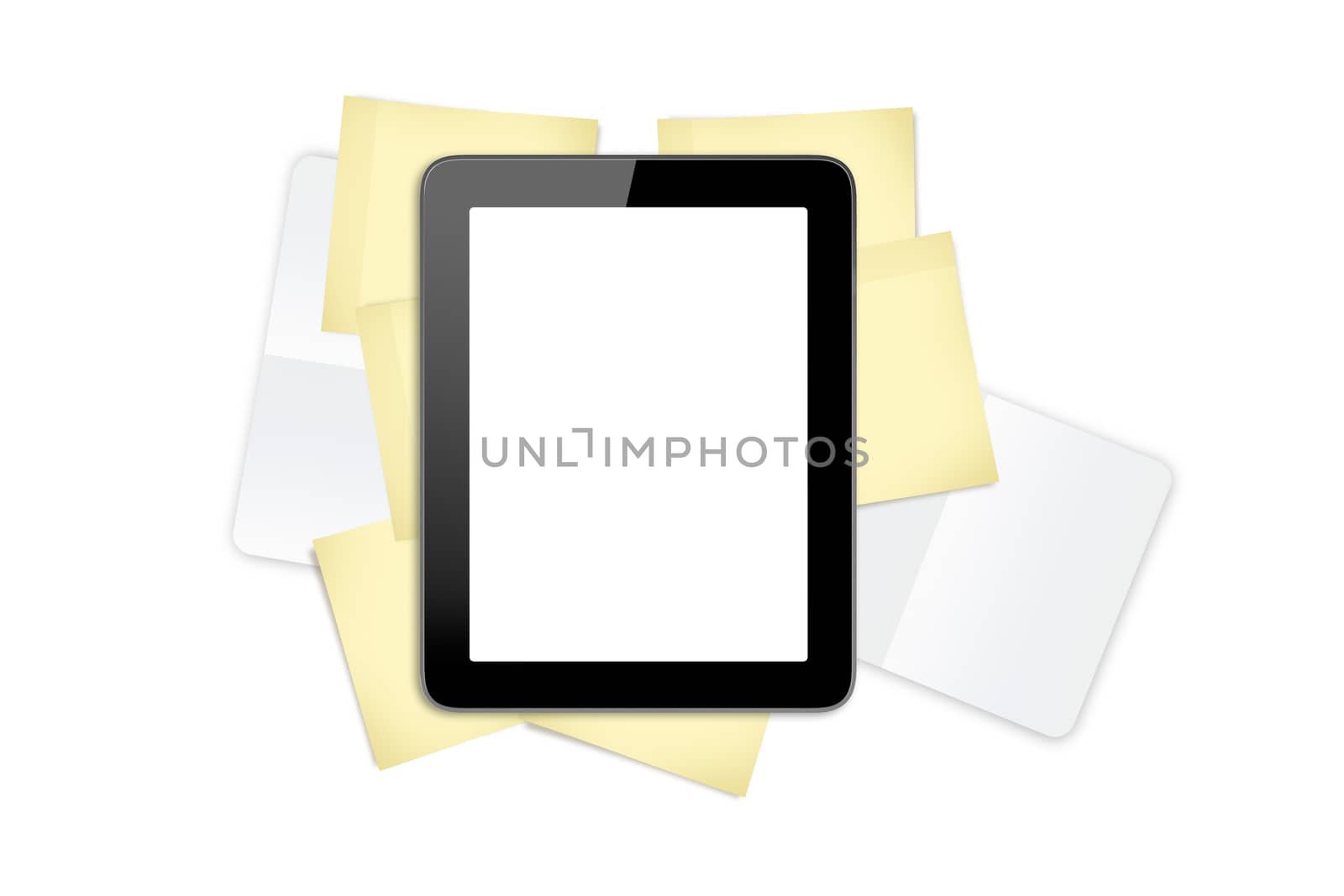 Tablet mock up with blank, white screen on yellow sticky posts and note books, isolated on white background.
