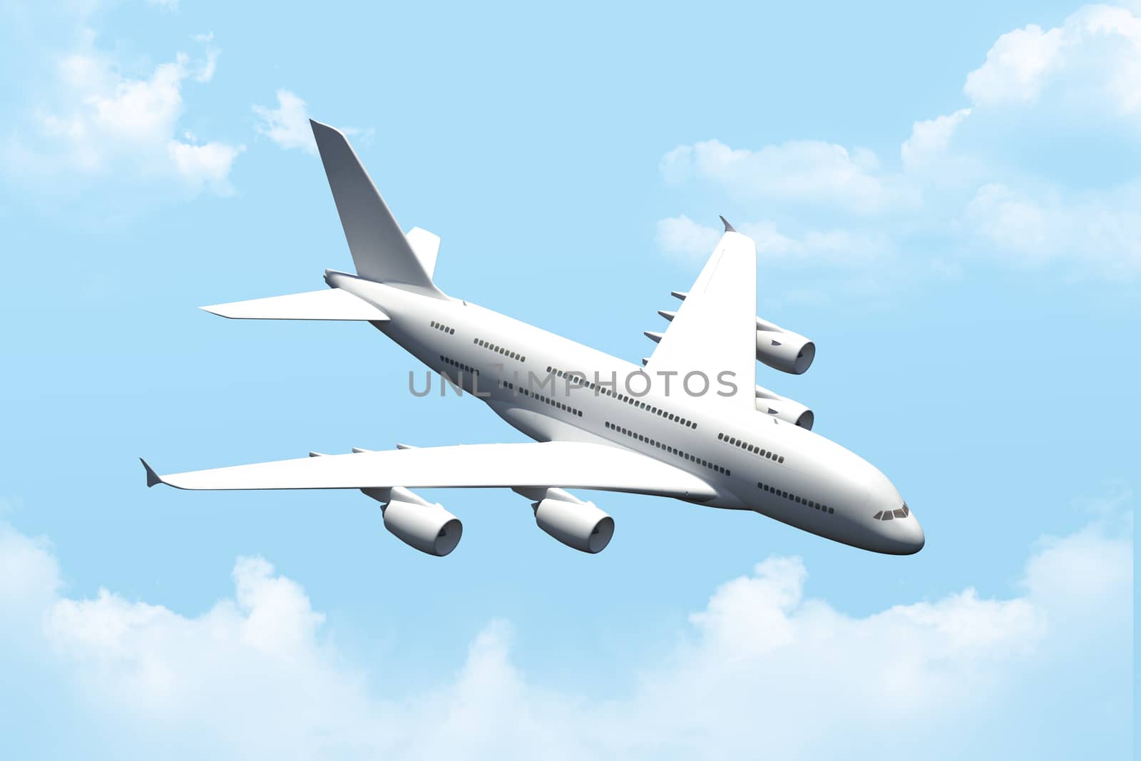Passenger air plane flying in the sky, cloudy background.