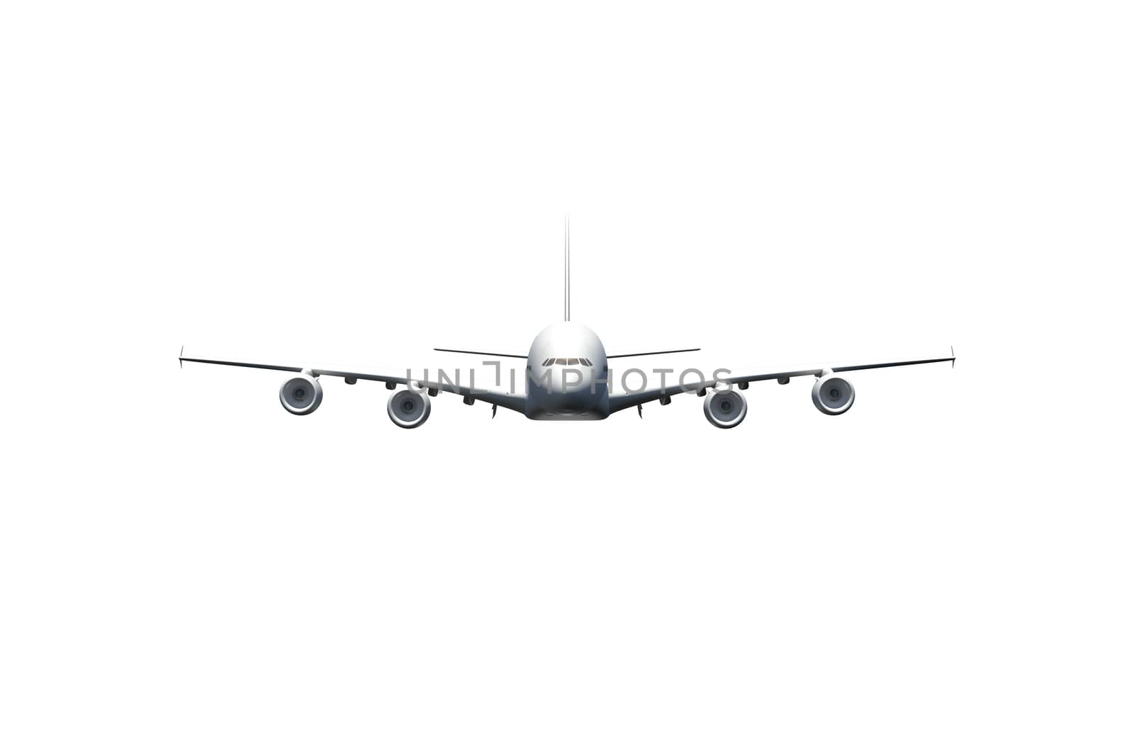 Passenger air plane flying, front view, isolated on white background.